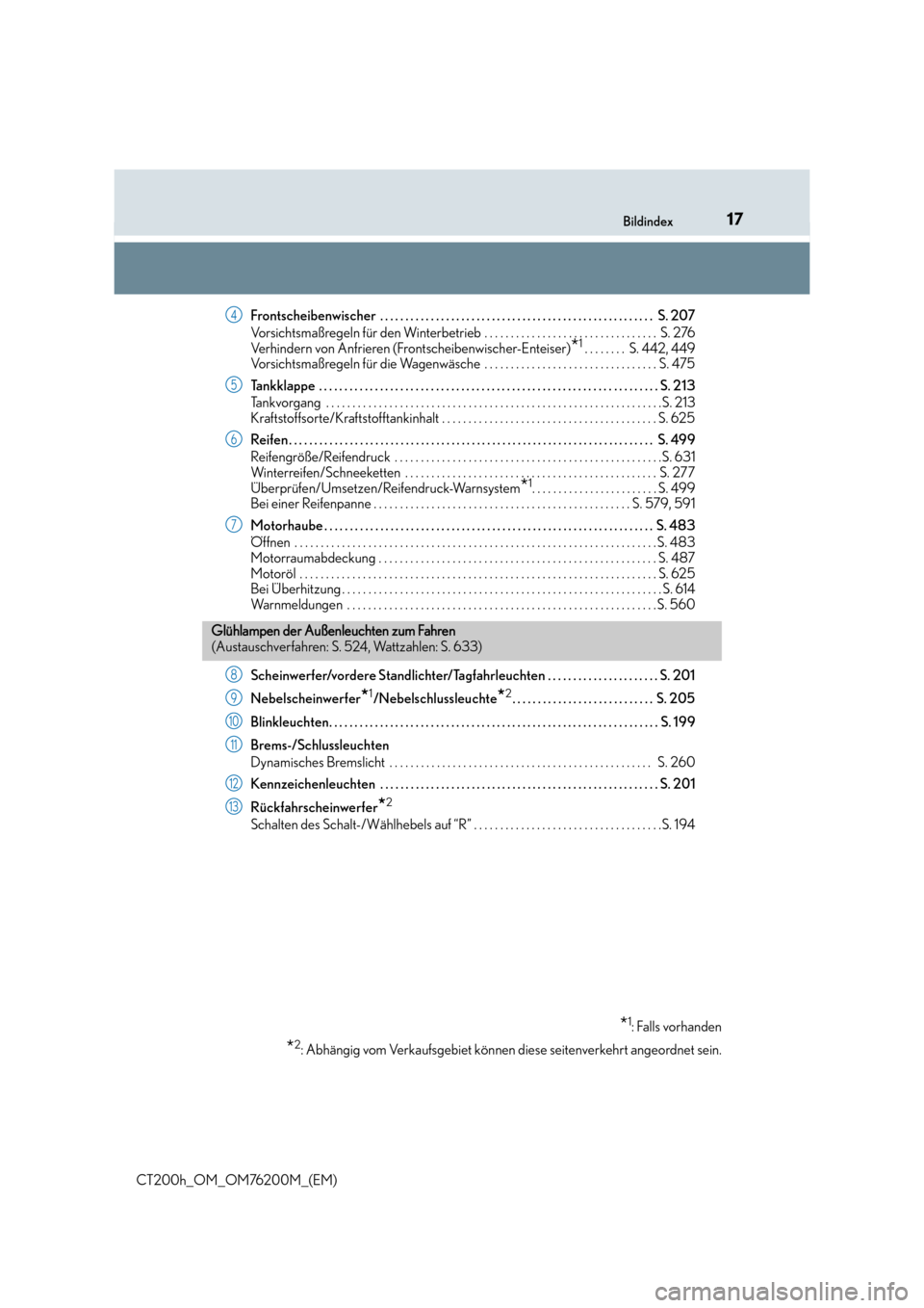 Lexus CT200h 2016  Betriebsanleitung (in German) 17Bildindex
CT200h_OM_OM76200M_(EM)Frontscheibenwischer  . . . . . . . . . . . . . . . . . . . . . . . . . . . . . . . . . . . . . . . . . . . . . . . . . . . . . 
. S. 207
Vorsichtsmaßregeln für de