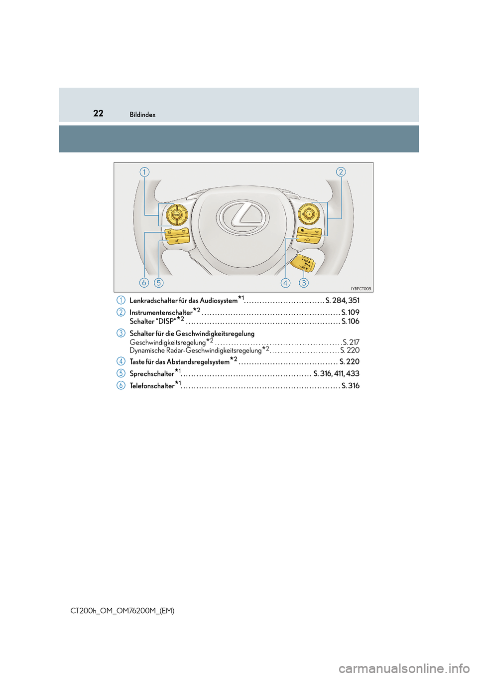 Lexus CT200h 2016  Betriebsanleitung (in German) 22Bildindex
CT200h_OM_OM76200M_(EM)Lenkradschalter für das Audiosystem
*1. . . . . . . . . . . . . . . . . . . . . . . . . . . . . . . S. 284, 351
Instrumentenschalter
*2 . . . . . . . . . . . . . . 