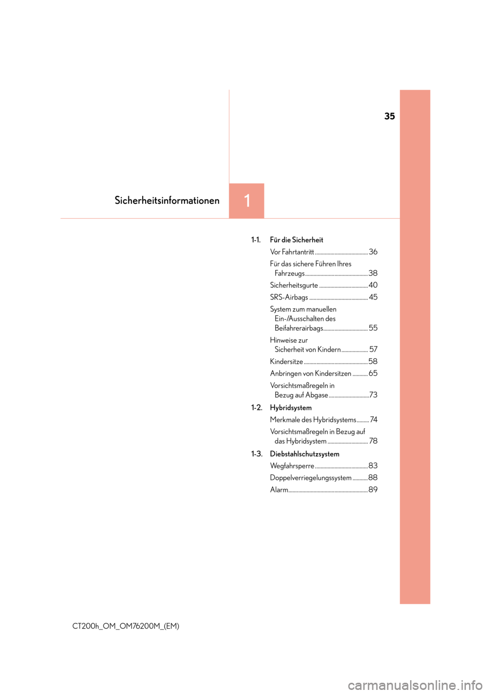 Lexus CT200h 2016  Betriebsanleitung (in German) 35
1Sicherheitsinformationen
CT200h_OM_OM76200M_(EM)1-1. Für die Sicherheit
Vor Fahrtantritt ...................................... 36
Für das sichere Führen Ihres Fahrzeugs .......................