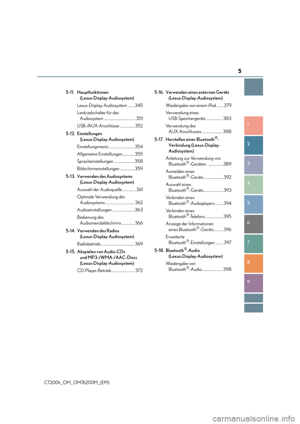 Lexus CT200h 2016  Betriebsanleitung (in German) 5
1
8 7
6
5
4
3
2
CT200h_OM_OM76200M_(EM)
9
5-11. Hauptfunktionen (Lexus-Display-Audiosystem)
Lexus-Display-Audiosystem ........345
Lenkradschalter für das  Audiosystem ..............................