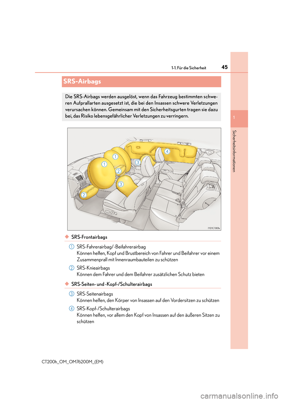 Lexus CT200h 2016  Betriebsanleitung (in German) 451-1. Für die Sicherheit
1
Sicherheitsinformationen
CT200h_OM_OM76200M_(EM)
SRS-Airbags
◆SRS-FrontairbagsSRS-Fahrerairbag/-Beifahrerairbag 
Können helfen, Kopf und Brustbereich von Fahrer und Bei