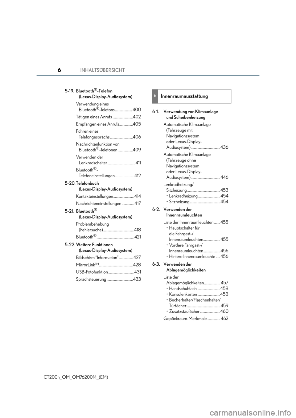Lexus CT200h 2016  Betriebsanleitung (in German) INHALTSÜBERSICHT6
CT200h_OM_OM76200M_(EM)5-19. Bluetooth
®-Telefon 
(Lexus-Display-Audiosystem)
Verwendung eines  Bluetooth
®-Telefons .................... 400
Tätigen eines Anrufs ...............