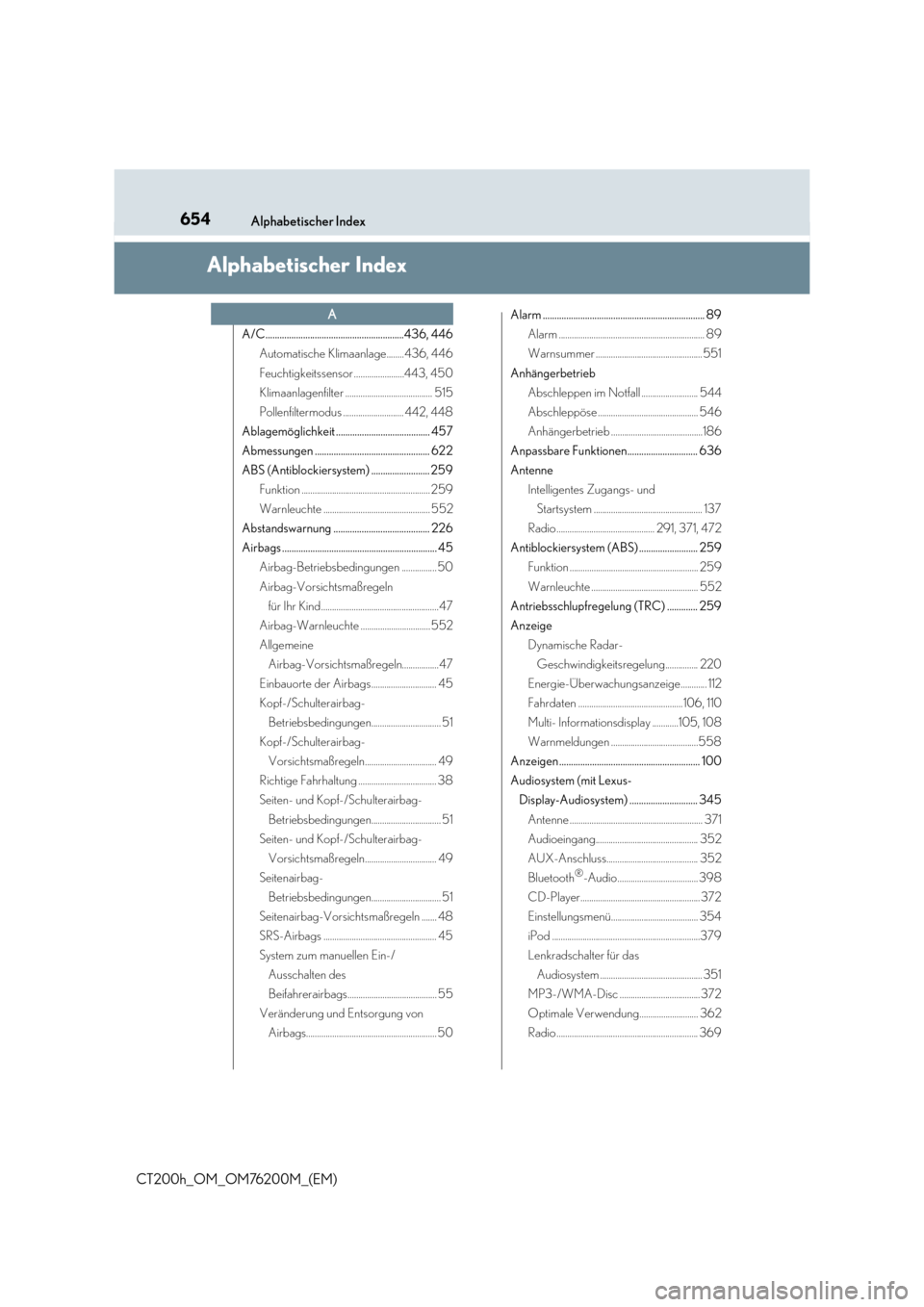 Lexus CT200h 2016  Betriebsanleitung (in German) 654Alphabetischer Index
CT200h_OM_OM76200M_(EM)
Alphabetischer Index
A/C...........................................................436, 446Automatische Klimaanlage........436, 446
Feuchtigkeitssensor 