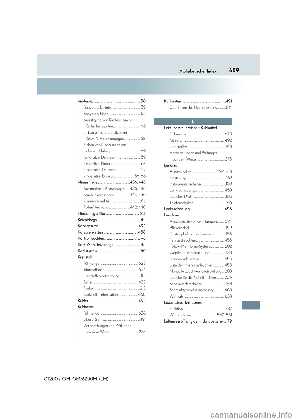 Lexus CT200h 2016  Betriebsanleitung (in German) 659Alphabetischer Index
CT200h_OM_OM76200M_(EM)
Kindersitz .............................................................58Babysitze, Definition..................................... 59
Babysitze, Einba