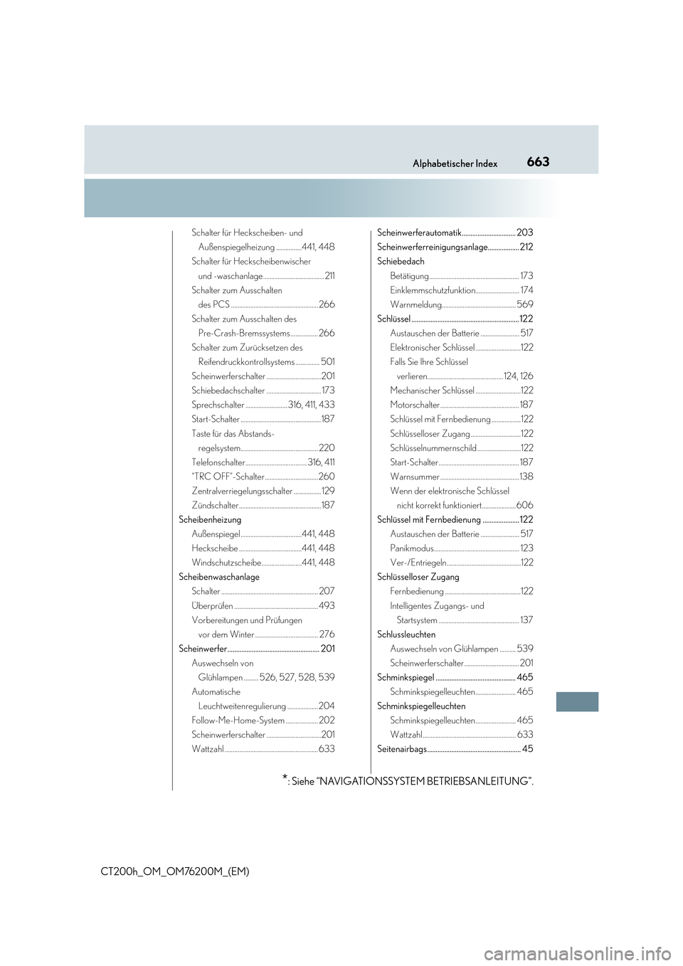 Lexus CT200h 2016  Betriebsanleitung (in German) 663Alphabetischer Index
CT200h_OM_OM76200M_(EM)
Schalter für Heckscheiben- und Außenspiegelheizung ................441, 448
Schalter für Heckscheibenwischer 
und -waschanlage.......................