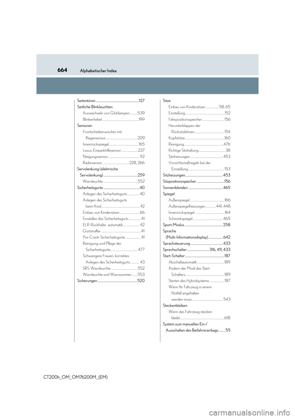 Lexus CT200h 2016  Betriebsanleitung (in German) 664Alphabetischer Index
CT200h_OM_OM76200M_(EM)
Seitentüren ......................................................... 127
Seitliche BlinkleuchtenAuswechseln von Glühlampen...........539
Blinkerhebel