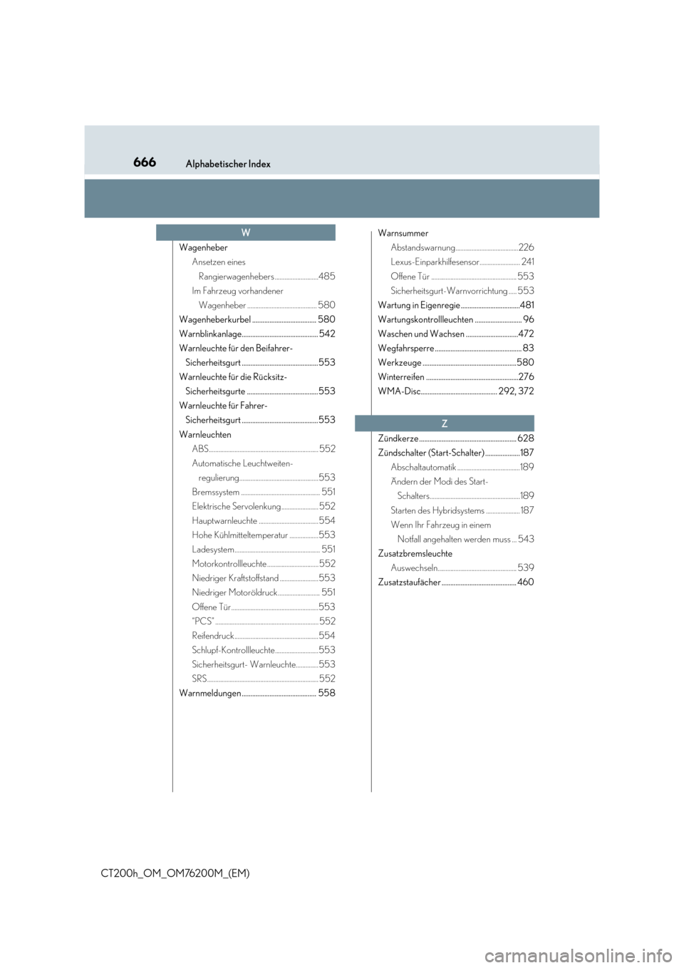 Lexus CT200h 2016  Betriebsanleitung (in German) 666Alphabetischer Index
CT200h_OM_OM76200M_(EM)
WagenheberAnsetzen eines 
Rangierwagenhebers ...........................485
Im Fahrzeug vorhandener  Wagenheber ........................................