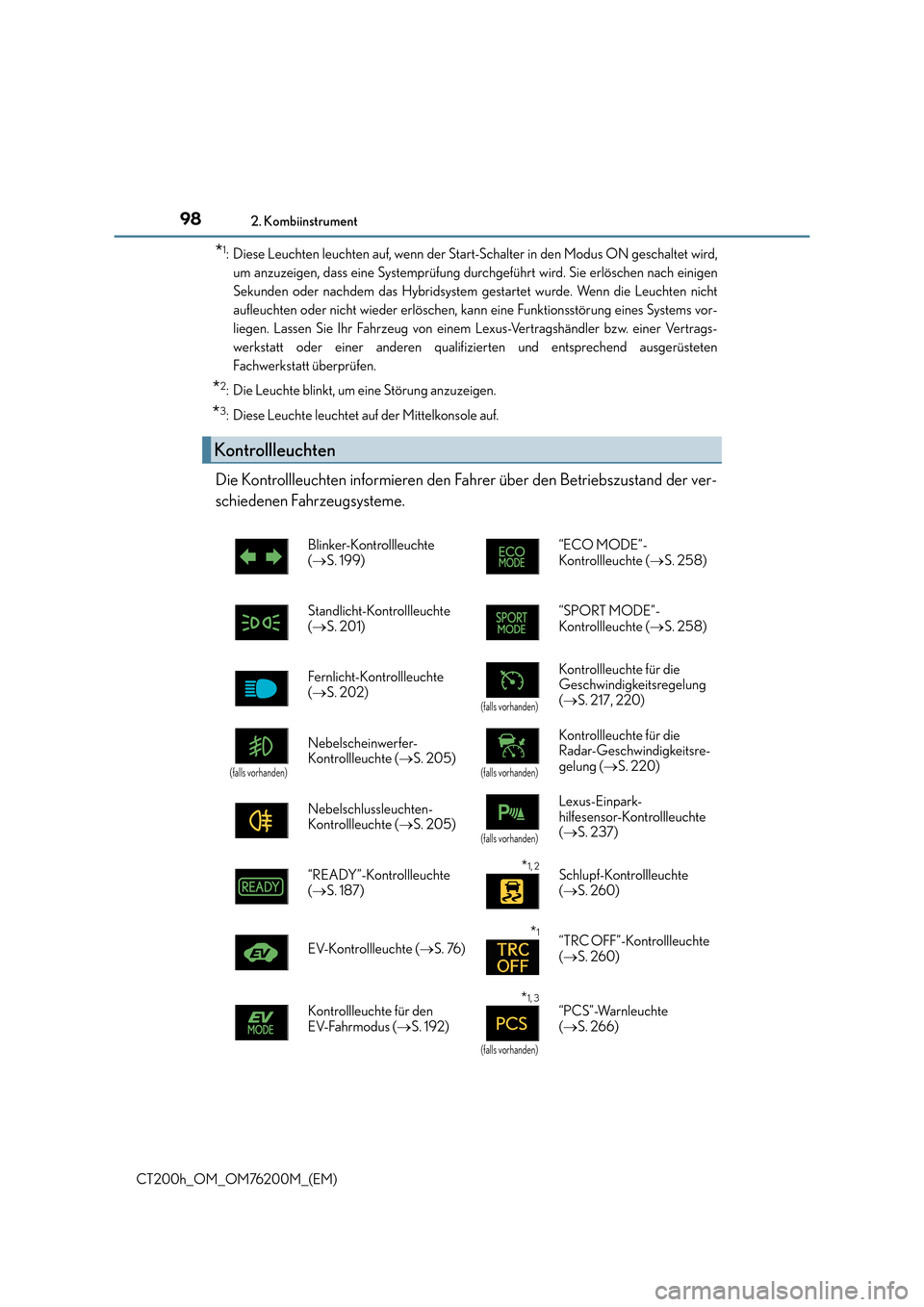 Lexus CT200h 2016  Betriebsanleitung (in German) 982. Kombiinstrument
CT200h_OM_OM76200M_(EM)
*1: Diese Leuchten leuchten auf, wenn der Start-Schalter in den Modus ON geschaltet wird,um anzuzeigen, dass eine Systemprüfung durc hgeführt wird. Sie e