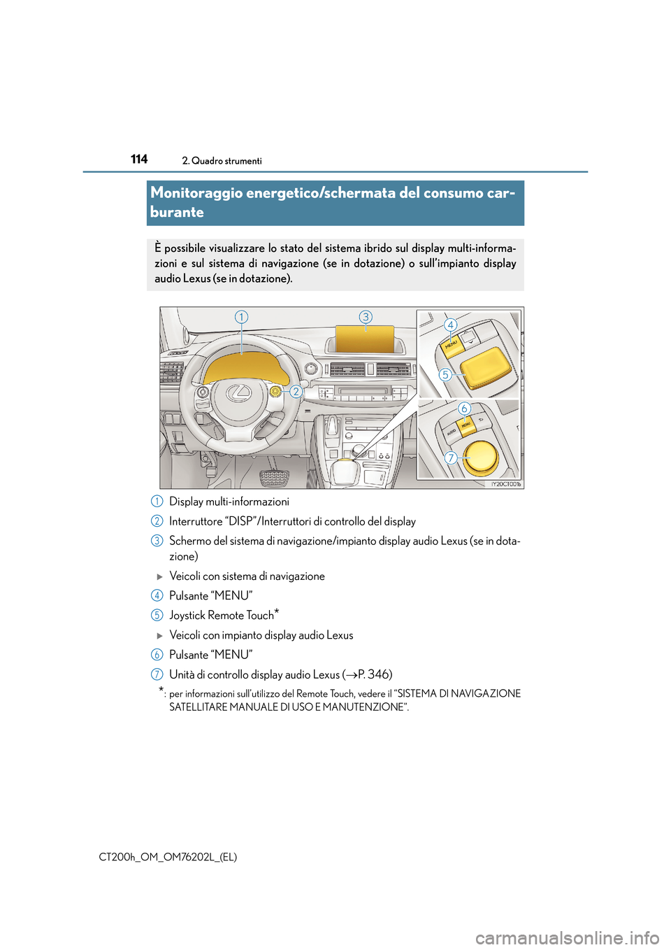 Lexus CT200h 2016 Manuale del proprietario (in Italian) 1142. Quadro strumenti
CT200h_OM_OM76202L_(EL)
Monitoraggio energetico/schermata del consumo car-
burante
Display multi-informazioni
Interruttore “DISP”/Interruttori di controllo del display
Scher Lexus CT200h 2016 Manuale del proprietario (in Italian) 1142. Quadro strumenti
CT200h_OM_OM76202L_(EL)
Monitoraggio energetico/schermata del consumo car-
burante
Display multi-informazioni
Interruttore “DISP”/Interruttori di controllo del display
Scher