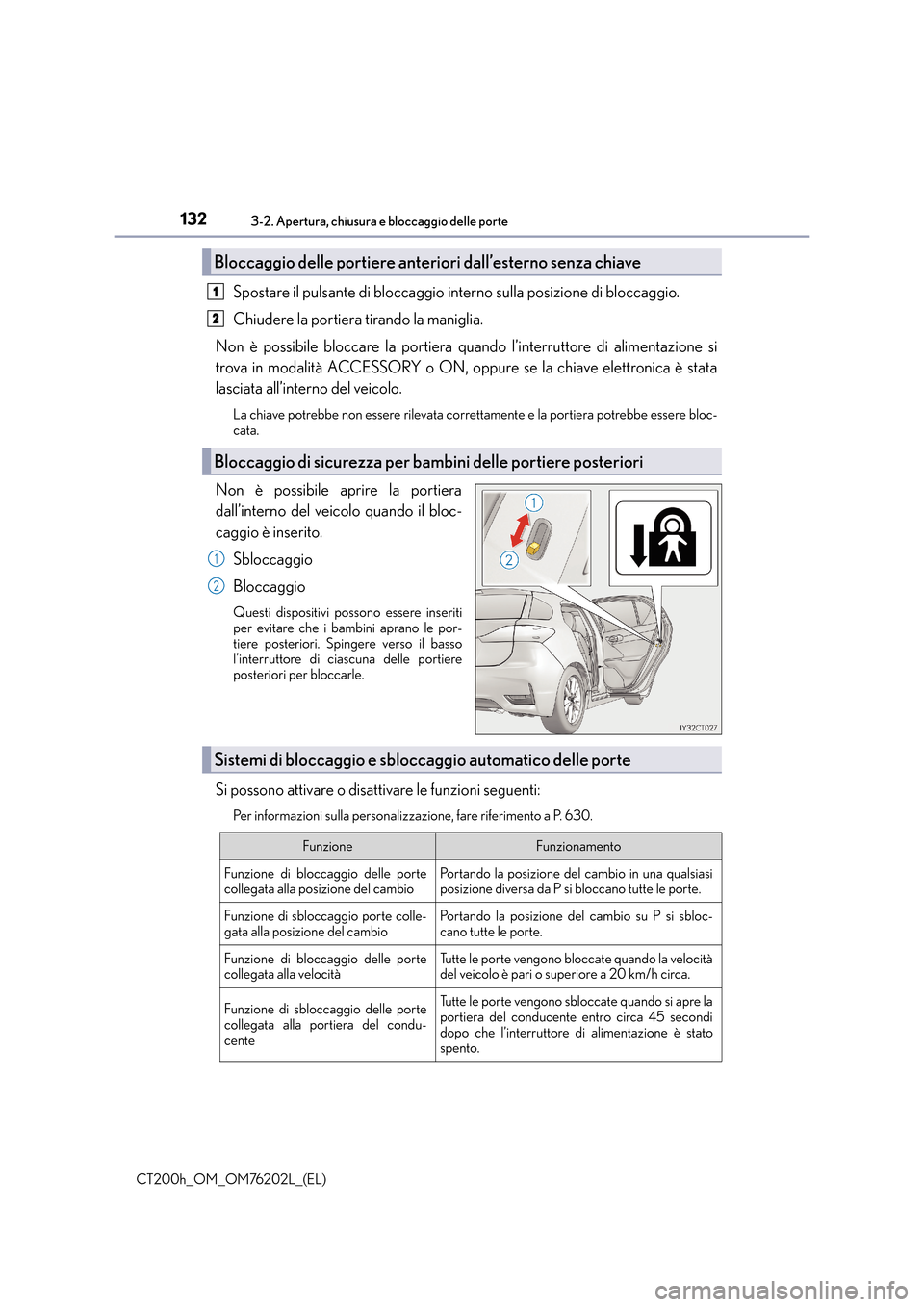 Lexus CT200h 2016 Manuale del proprietario (in Italian) 1323-2. Apertura, chiusura e bloccaggio delle porte
CT200h_OM_OM76202L_(EL)
Spostare il pulsante di bloccaggio interno sulla posizione di bloccaggio.
Chiudere la portiera tirando la maniglia.
Non è p Lexus CT200h 2016 Manuale del proprietario (in Italian) 1323-2. Apertura, chiusura e bloccaggio delle porte
CT200h_OM_OM76202L_(EL)
Spostare il pulsante di bloccaggio interno sulla posizione di bloccaggio.
Chiudere la portiera tirando la maniglia.
Non è p