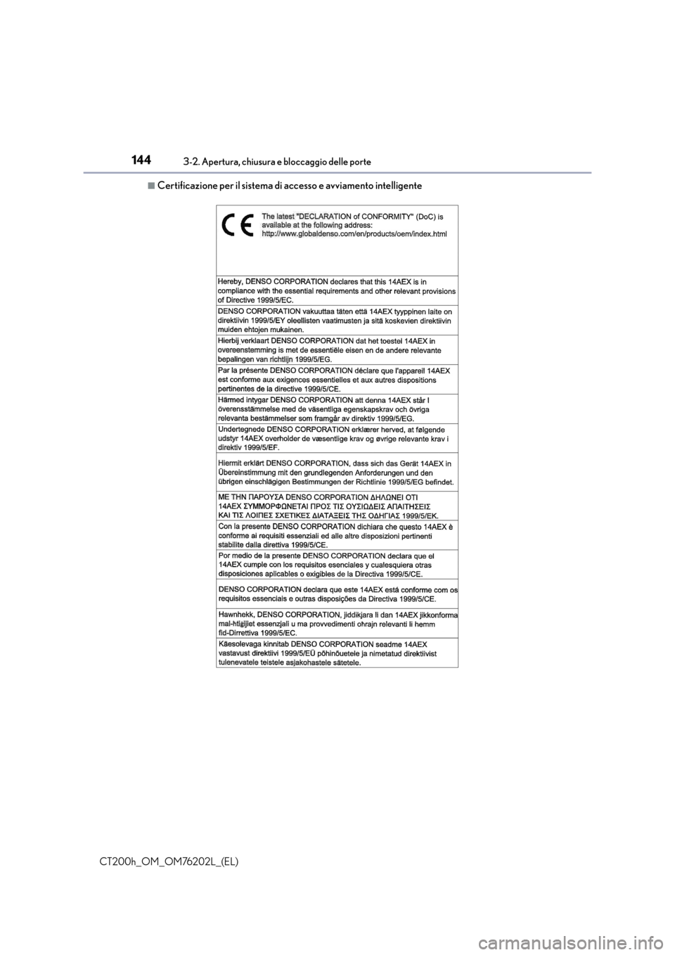 Lexus CT200h 2016 Manuale del proprietario (in Italian) 1443-2. Apertura, chiusura e bloccaggio delle porte
CT200h_OM_OM76202L_(EL)
■Certificazione per il sistema di accesso e avviamento intelligente Lexus CT200h 2016 Manuale del proprietario (in Italian) 1443-2. Apertura, chiusura e bloccaggio delle porte
CT200h_OM_OM76202L_(EL)
■Certificazione per il sistema di accesso e avviamento intelligente