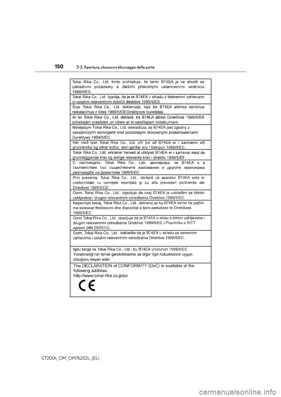 Lexus CT200h 2016 Manuale del proprietario (in Italian) 1503-2. Apertura, chiusura e bloccaggio delle porte
CT200h_OM_OM76202L_(EL) Lexus CT200h 2016 Manuale del proprietario (in Italian) 1503-2. Apertura, chiusura e bloccaggio delle porte
CT200h_OM_OM76202L_(EL)