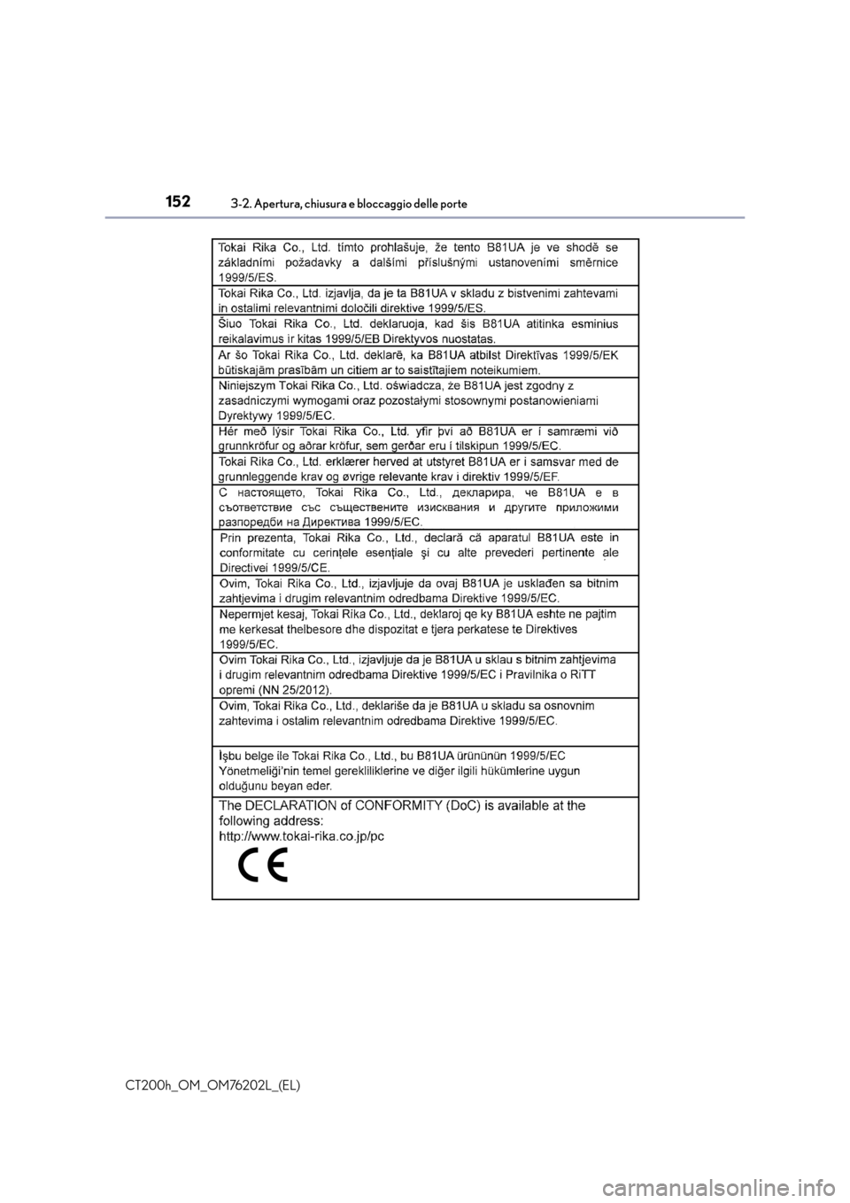 Lexus CT200h 2016  Manuale del proprietario (in Italian) 1523-2. Apertura, chiusura e bloccaggio delle porte
CT200h_OM_OM76202L_(EL) 