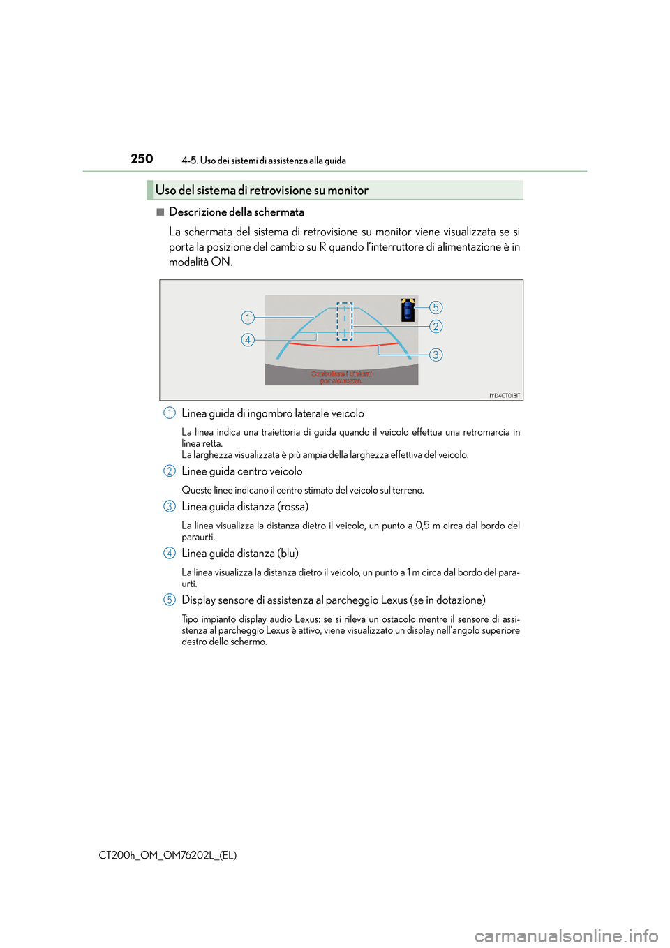 Lexus CT200h 2016  Manuale del proprietario (in Italian) 2504-5. Uso dei sistemi di assistenza alla guida
CT200h_OM_OM76202L_(EL)■
Descrizione della schermata
La schermata del sistema di retrovisione su monitor viene visualizzata se si
porta la posizione 