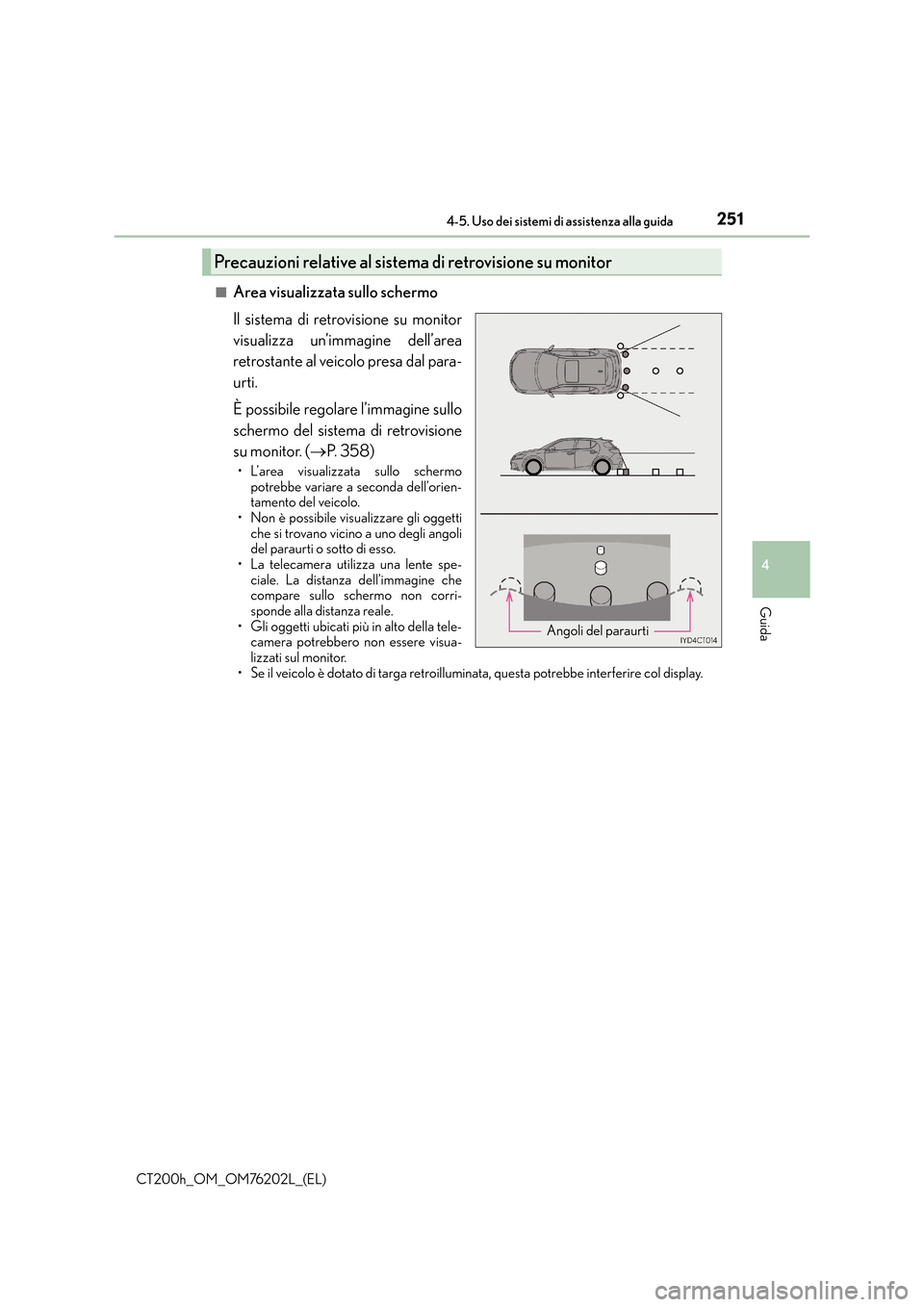 Lexus CT200h 2016 Manuale del proprietario (in Italian) 2514-5. Uso dei sistemi di assistenza alla guida
4
Guida
CT200h_OM_OM76202L_(EL)■
Area visualizzata sullo schermo
Il sistema di retrovisione su monitor
visualizza un’immagine dell’area
retrostan Lexus CT200h 2016 Manuale del proprietario (in Italian) 2514-5. Uso dei sistemi di assistenza alla guida
4
Guida
CT200h_OM_OM76202L_(EL)■
Area visualizzata sullo schermo
Il sistema di retrovisione su monitor
visualizza un’immagine dell’area
retrostan