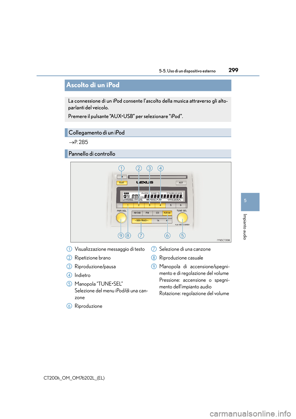 Lexus CT200h 2016  Manuale del proprietario (in Italian) 299
5
5-5. Uso di un dispositivo esterno
Impianto audio
CT200h_OM_OM76202L_(EL)
Ascolto di un iPod
→
P.  2 8 5
La connessione di un iPod consente l’ascolto della musica attraverso gli alto-
parlan