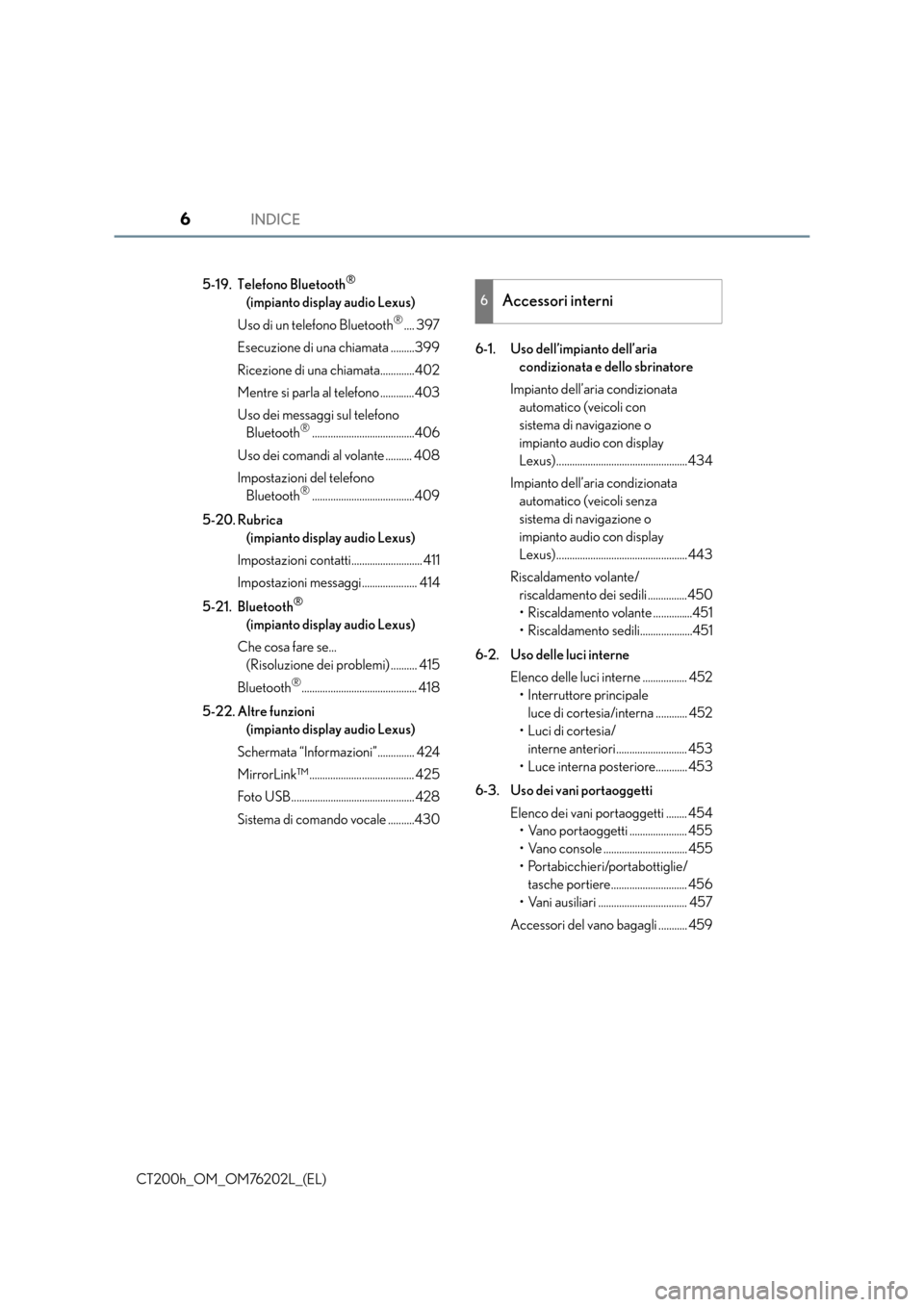 Lexus CT200h 2016  Manuale del proprietario (in Italian) INDICE6
CT200h_OM_OM76202L_(EL)5-19. Telefono Bluetooth
® 
(impianto display audio Lexus)
Uso di un telefono Bluetooth
®.... 397
Esecuzione di una chiamata .........399
Ricezione di una chiamata....