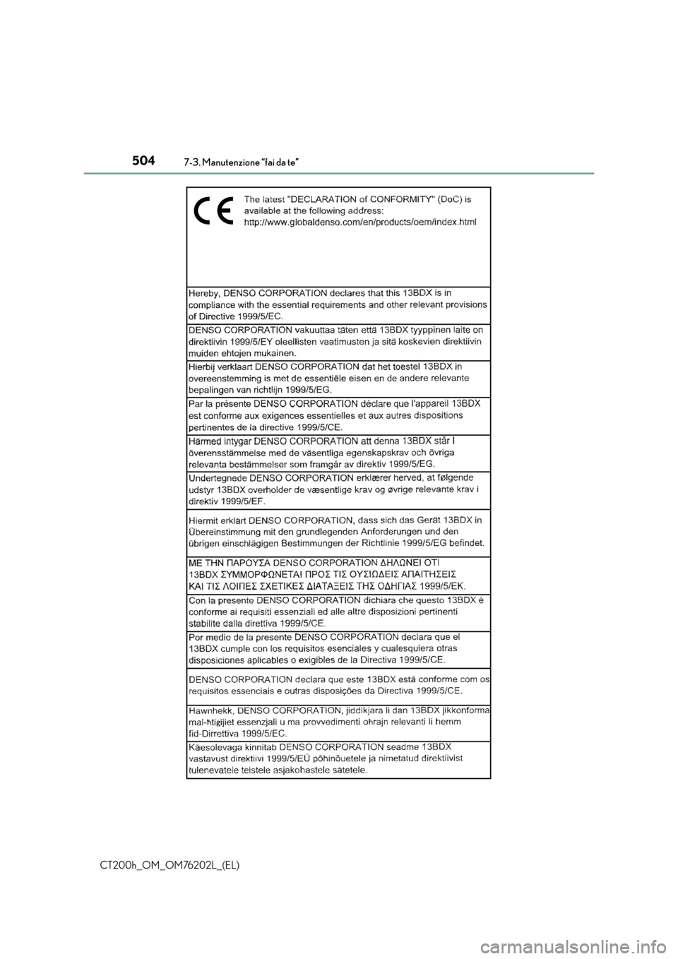 Lexus CT200h 2016 Manuale del proprietario (in Italian) 5047-3. Manutenzione “fai da te”
CT200h_OM_OM76202L_(EL) Lexus CT200h 2016 Manuale del proprietario (in Italian) 5047-3. Manutenzione “fai da te”
CT200h_OM_OM76202L_(EL)