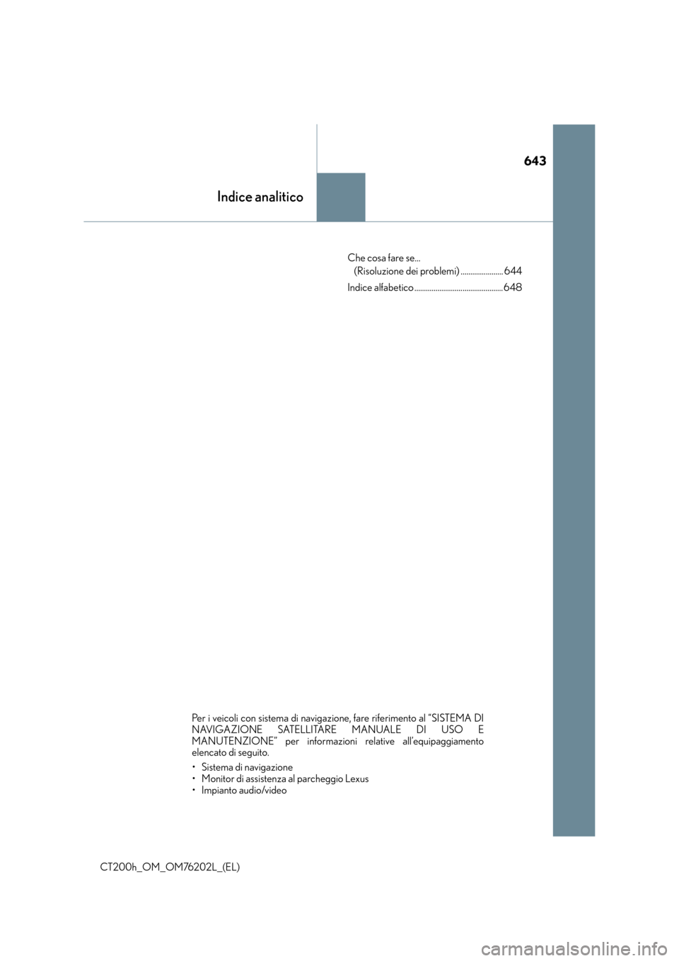Lexus CT200h 2016 Manuale del proprietario (in Italian) 643
Indice analitico
CT200h_OM_OM76202L_(EL)Che cosa fare se...
(Risoluzione dei problemi) ...................... 644
Indice alfabetico .............................................. 648
Per i veicol Lexus CT200h 2016 Manuale del proprietario (in Italian) 643
Indice analitico
CT200h_OM_OM76202L_(EL)Che cosa fare se...
(Risoluzione dei problemi) ...................... 644
Indice alfabetico .............................................. 648
Per i veicol