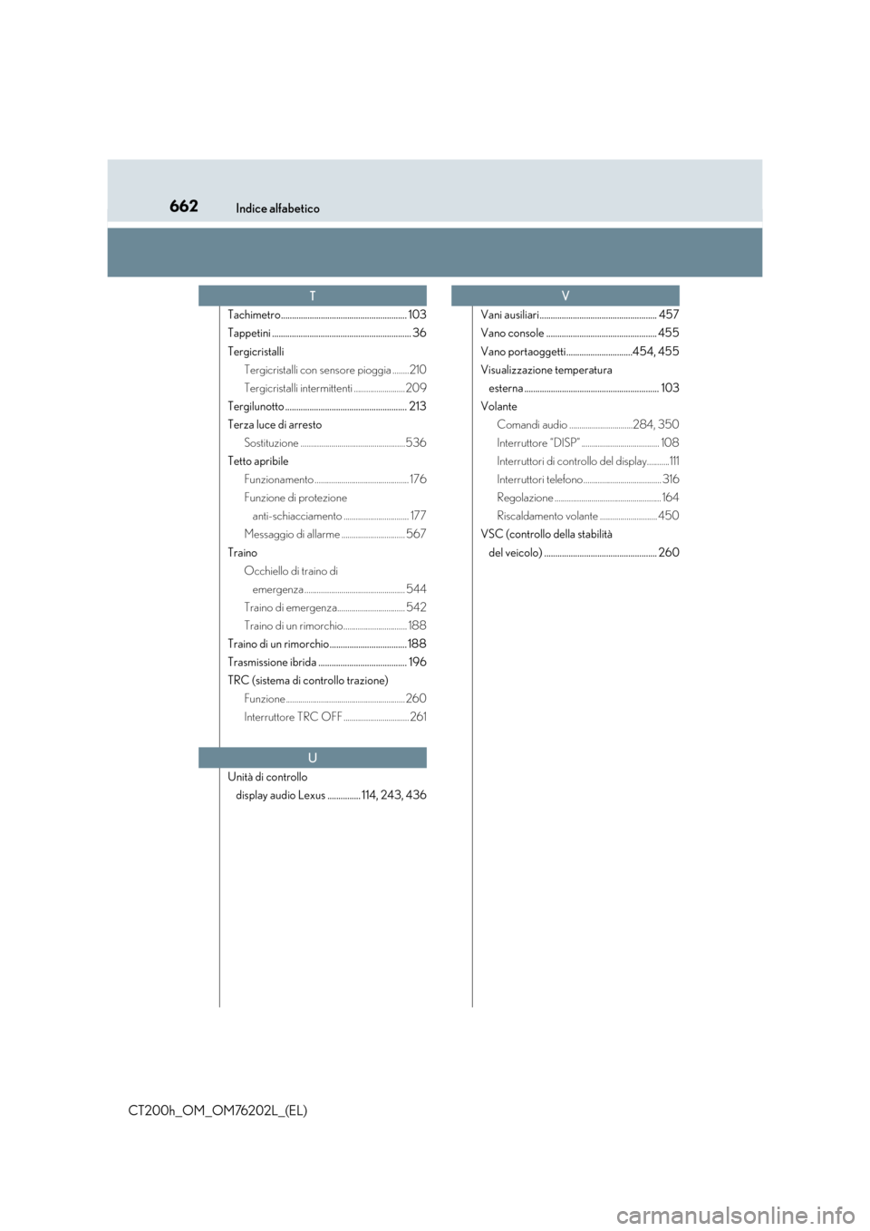 Lexus CT200h 2016  Manuale del proprietario (in Italian) 662Indice alfabetico
CT200h_OM_OM76202L_(EL)
Tachimetro......................................................... 103
Tappetini ............................................................... 36
Tergic