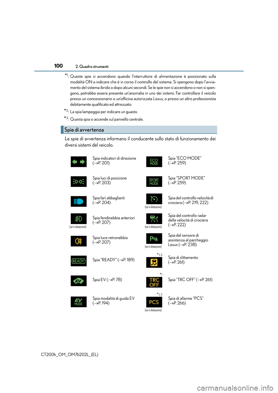 Lexus CT200h 2016  Manuale del proprietario (in Italian) 1002. Quadro strumenti
CT200h_OM_OM76202L_(EL)
*1: Queste spie si accendono quando l’interruttore di alimentazione è posizionato sullamodalità ON a indicare che è in corso il controllo del sistem