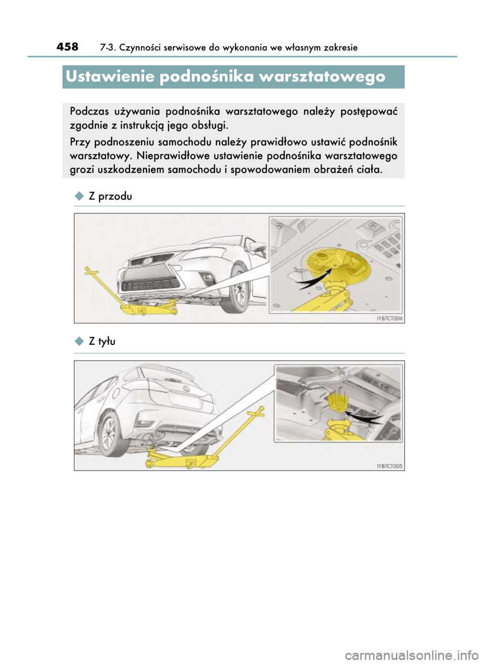 Lexus CT200h 2016  Instrukcja Obsługi (in Polish)  Z przodu
 Z ty∏u
4587-3. CzynnoÊci serwisowe do wykonania we w∏asnym zakresie
Ustawienie podnoÊnika warsztatowego
Podczas  u˝ywania  podnoÊnika  warsztatowego  nale˝y  post´powaç
zgodnie