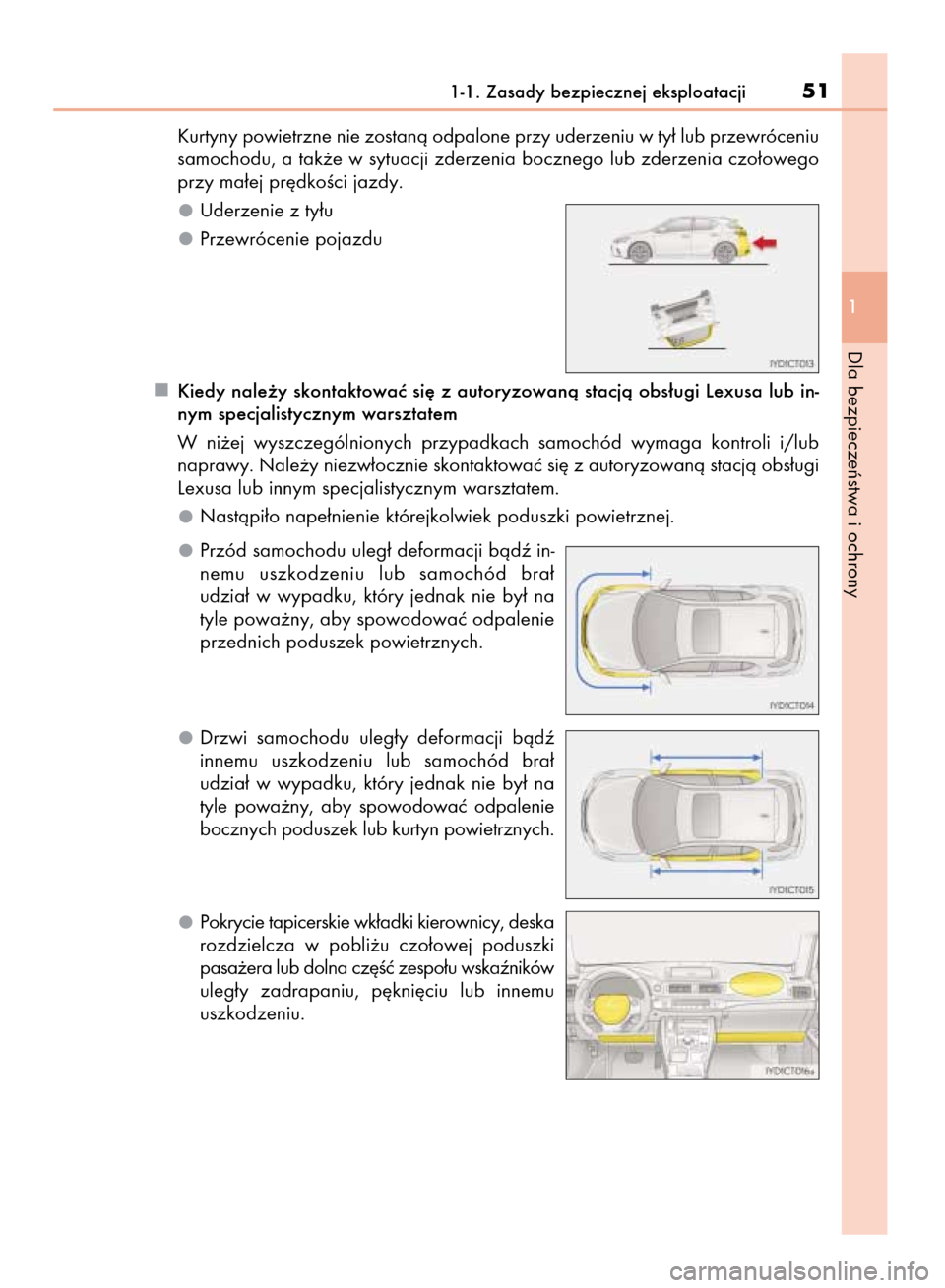 Lexus CT200h 2016  Instrukcja Obsługi (in Polish) Kurtyny powietrzne nie zostanà odpalone przy uderzeniu w ty∏ lub przewróceniu
samochodu, a tak˝e w sytuacji zderzenia bocznego lub zderzenia czo∏owego
przy ma∏ej pr´dkoÊci jazdy.
Uderzenie 