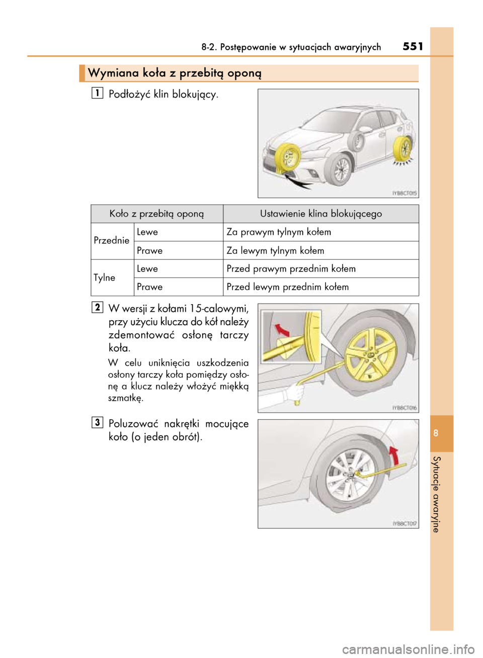 Lexus CT200h 2016  Instrukcja Obsługi (in Polish) Pod∏o˝yç klin blokujàcy.
W wersji z ko∏ami 15-calowymi,
przy u˝yciu klucza do kó∏ nale˝y
zdemontowaç  os∏on´  tarczy
ko∏a.
W celu  unikni´cia  uszkodzenia
os∏ony tarczy ko∏a pom