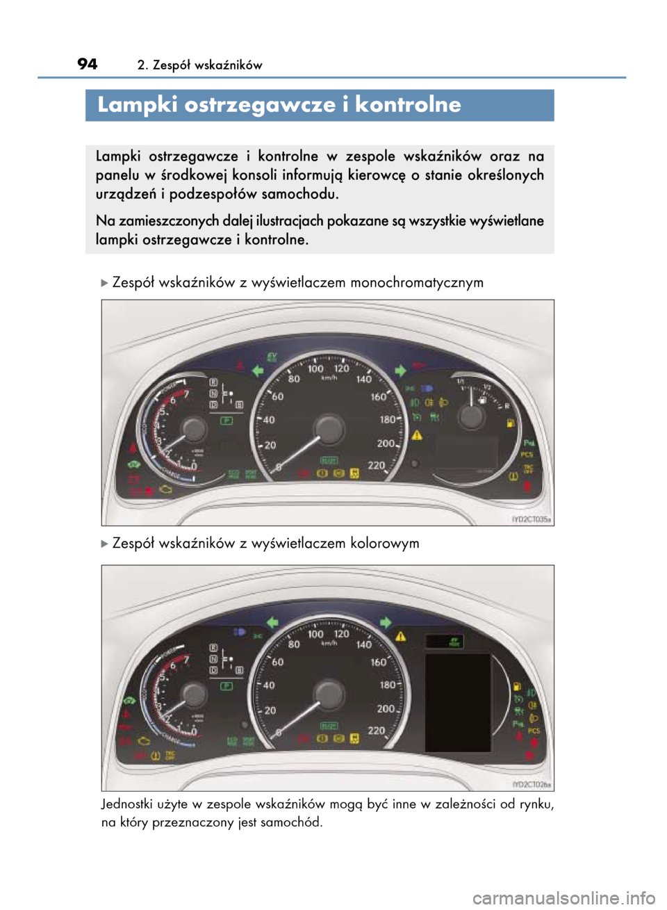 Lexus CT200h 2016  Instrukcja Obsługi (in Polish) ó Zespó∏ wskaêników z wyÊwietlaczem monochromatycznym
ó Zespó∏ wskaêników z wyÊwietlaczem kolorowym
Jednostki u˝yte w zespole wskaêników mogà byç inne w zale˝noÊci od rynku,
na kt