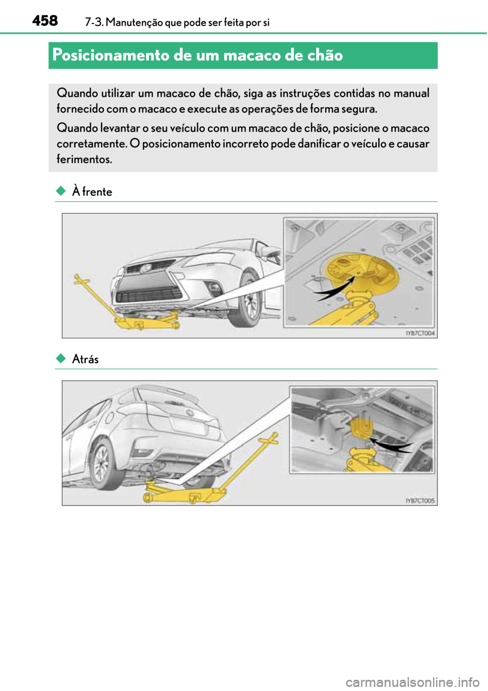 Lexus CT200h 2016 Manual do proprietário (in Portuguese) 458
458458 4587-3. Manutenção que pode ser feita por si
Posicionamento de um macaco de chão
◆À frente
◆Atrás
Quando utilizar um macaco de chão, siga as instruções contidas no manual
fornec Lexus CT200h 2016 Manual do proprietário (in Portuguese) 458
458458 4587-3. Manutenção que pode ser feita por si
Posicionamento de um macaco de chão
◆À frente
◆Atrás
Quando utilizar um macaco de chão, siga as instruções contidas no manual
fornec