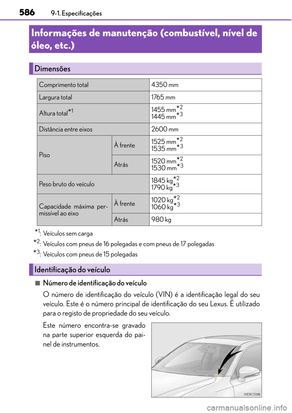 Lexus CT200h 2016 Manual do proprietário (in Portuguese) 586
586586 5869-1. Especificações
Informações de manutenção (combustível, nível de
óleo, etc.)
*1: Veículos sem carga
*2: Veículos com pneus de 16 polegadas e com pneus de 17 polegadas
*3: Lexus CT200h 2016 Manual do proprietário (in Portuguese) 586
586586 5869-1. Especificações
Informações de manutenção (combustível, nível de
óleo, etc.)
*1: Veículos sem carga
*2: Veículos com pneus de 16 polegadas e com pneus de 17 polegadas
*3: