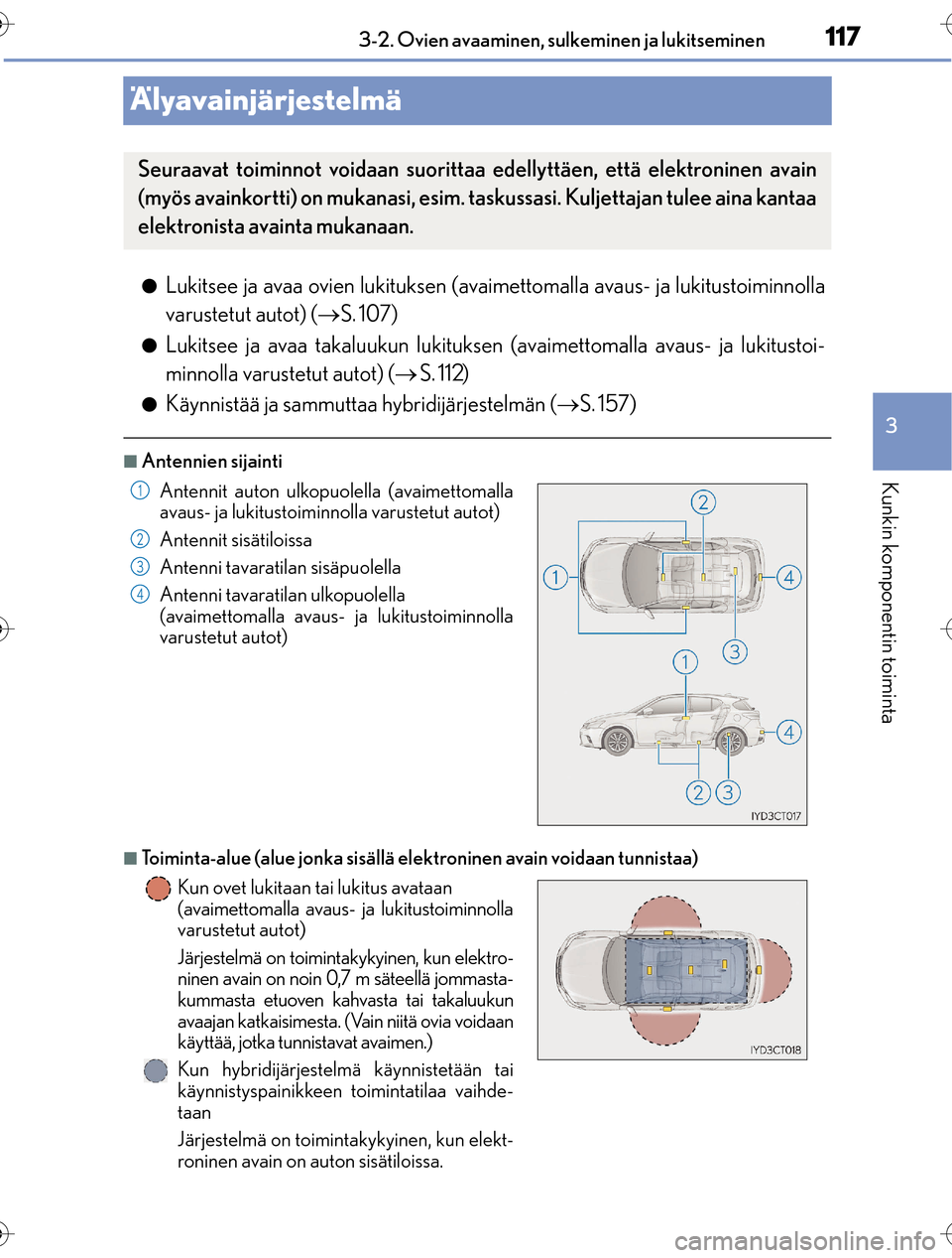 Lexus CT200h 2016 Omistajan käsikirja (in Finnish) 117
3
3-2. Ovien avaaminen, su
lkeminen ja lukitseminen
Kunkin komponentin toiminta
OM76198FI
Älyavainjärjestelmä
lLukitsee ja avaa ovien lukituksen (avaimettomalla avaus- ja lukitustoiminnolla
va Lexus CT200h 2016 Omistajan käsikirja (in Finnish) 117
3
3-2. Ovien avaaminen, su
lkeminen ja lukitseminen
Kunkin komponentin toiminta
OM76198FI
Älyavainjärjestelmä
lLukitsee ja avaa ovien lukituksen (avaimettomalla avaus- ja lukitustoiminnolla
va