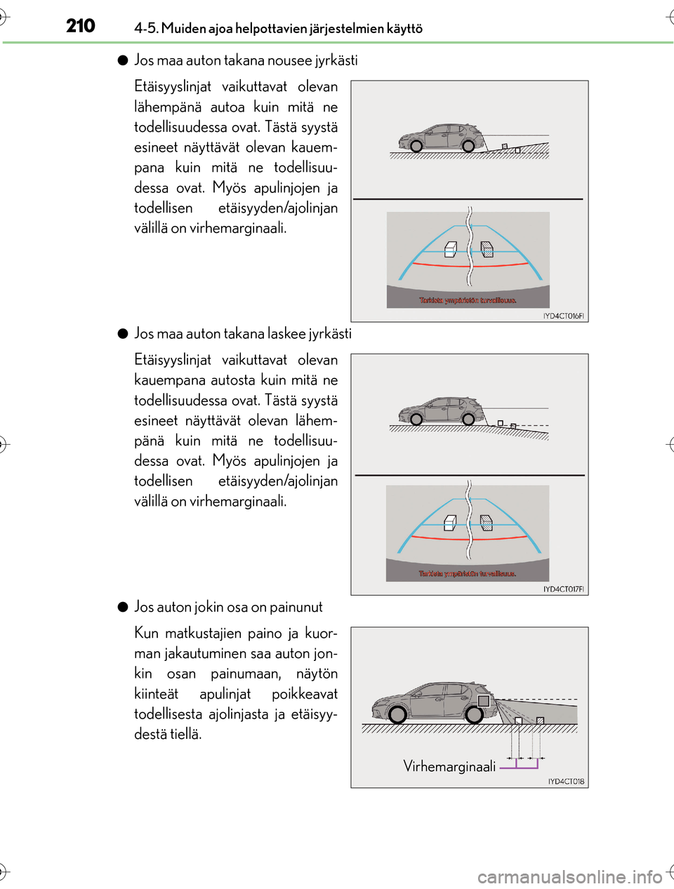 Lexus CT200h 2016 Omistajan käsikirja (in Finnish) 2104-5. Muiden ajoa helpottavien järjestelmien käyttö
OM76198FI
lJos maa auton takana nousee jyrkästi
Etäisyyslinjat vaikuttavat olevan
lähempänä autoa kuin mitä ne
todellisuudessa ovat. Täs Lexus CT200h 2016 Omistajan käsikirja (in Finnish) 2104-5. Muiden ajoa helpottavien järjestelmien käyttö
OM76198FI
lJos maa auton takana nousee jyrkästi
Etäisyyslinjat vaikuttavat olevan
lähempänä autoa kuin mitä ne
todellisuudessa ovat. Täs