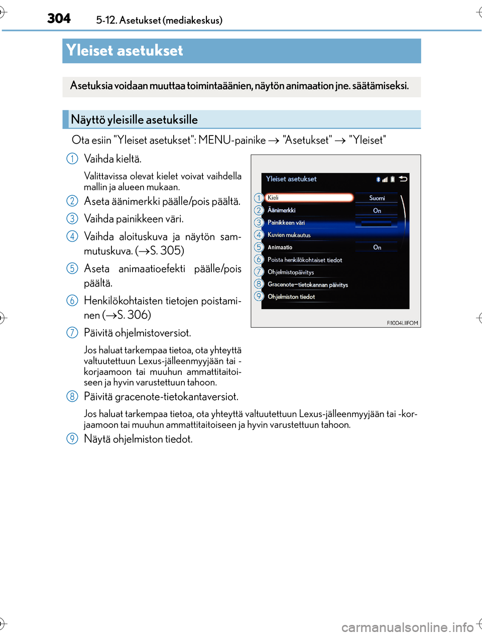 Lexus CT200h 2016 Omistajan käsikirja (in Finnish) 3045-12. Asetukset (mediakeskus)
OM76198FI
Yleiset asetukset
Ota esiin "Yleiset asetukset": MENU-painike "A s e t u k s e t " "Yleiset"
Vaihda kieltä.
Valittavissa olevat kielet voivat Lexus CT200h 2016 Omistajan käsikirja (in Finnish) 3045-12. Asetukset (mediakeskus)
OM76198FI
Yleiset asetukset
Ota esiin "Yleiset asetukset": MENU-painike "A s e t u k s e t " "Yleiset"
Vaihda kieltä.
Valittavissa olevat kielet voivat