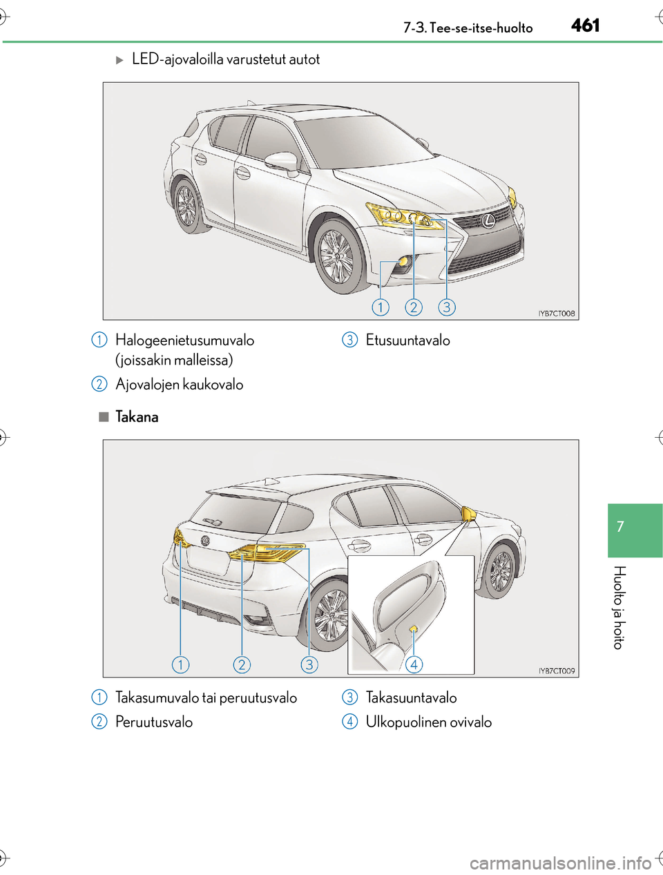Lexus CT200h 2016  Omistajan käsikirja (in Finnish) 4617-3. Tee-se-itse-huolto
OM76198FI
7
Huolto ja hoito
LED-ajovaloilla varustetut autot
nTa k a n a
Halogeenietusumuvalo 
( joissakin malleissa)
Ajovalojen kaukovalo Etusuuntavalo1
2
3
Takasumuvalo