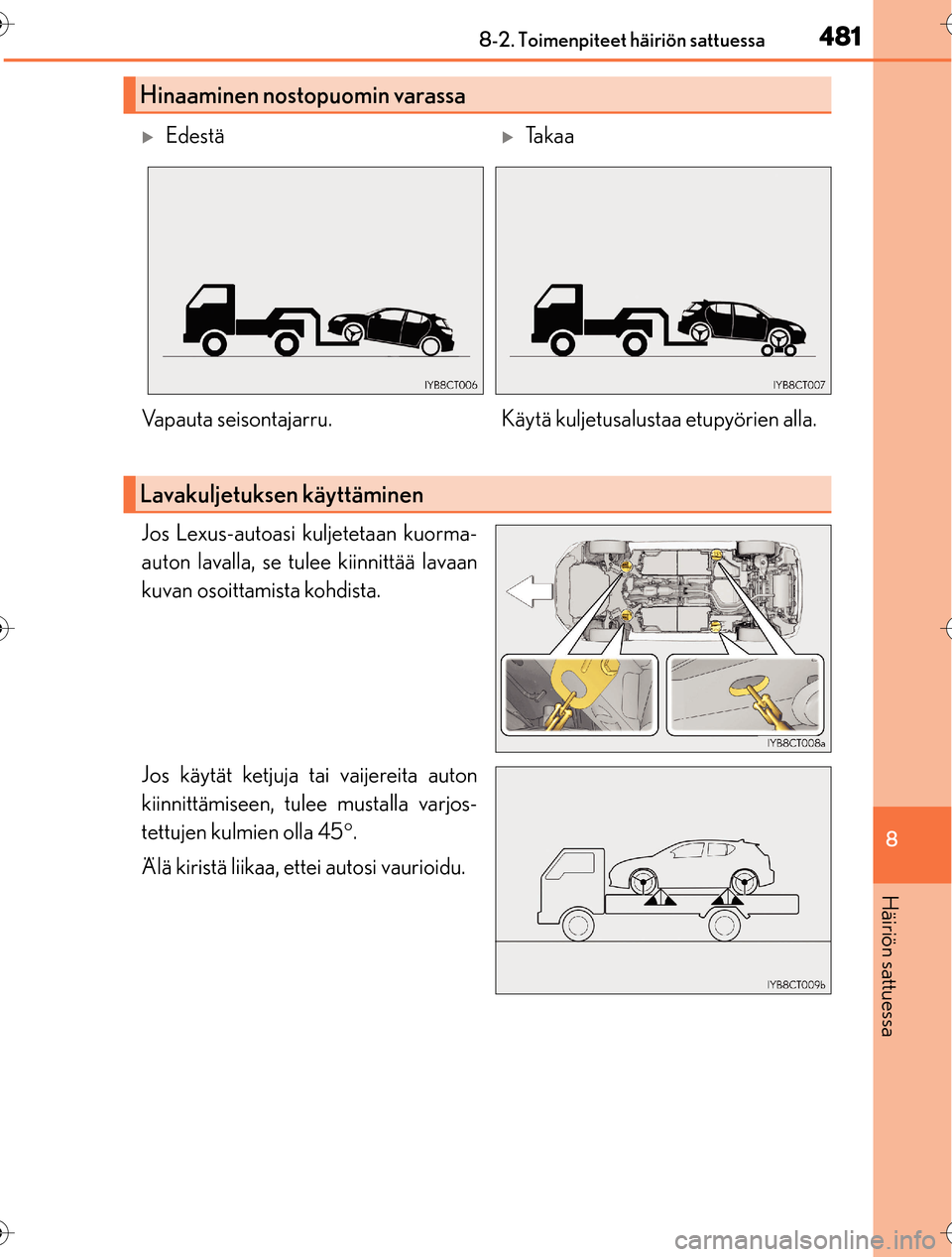 Lexus CT200h 2016 Omistajan käsikirja (in Finnish) 4818-2. Toimenpiteet häiriön sattuessa
OM76198FI
8
Häiriön sattuessa
Jos Lexus-autoasi kuljetetaan kuorma-
auton lavalla, se tulee kiinnittää lavaan
kuvan osoittamista kohdista.
Jos käytät ket Lexus CT200h 2016 Omistajan käsikirja (in Finnish) 4818-2. Toimenpiteet häiriön sattuessa
OM76198FI
8
Häiriön sattuessa
Jos Lexus-autoasi kuljetetaan kuorma-
auton lavalla, se tulee kiinnittää lavaan
kuvan osoittamista kohdista.
Jos käytät ket