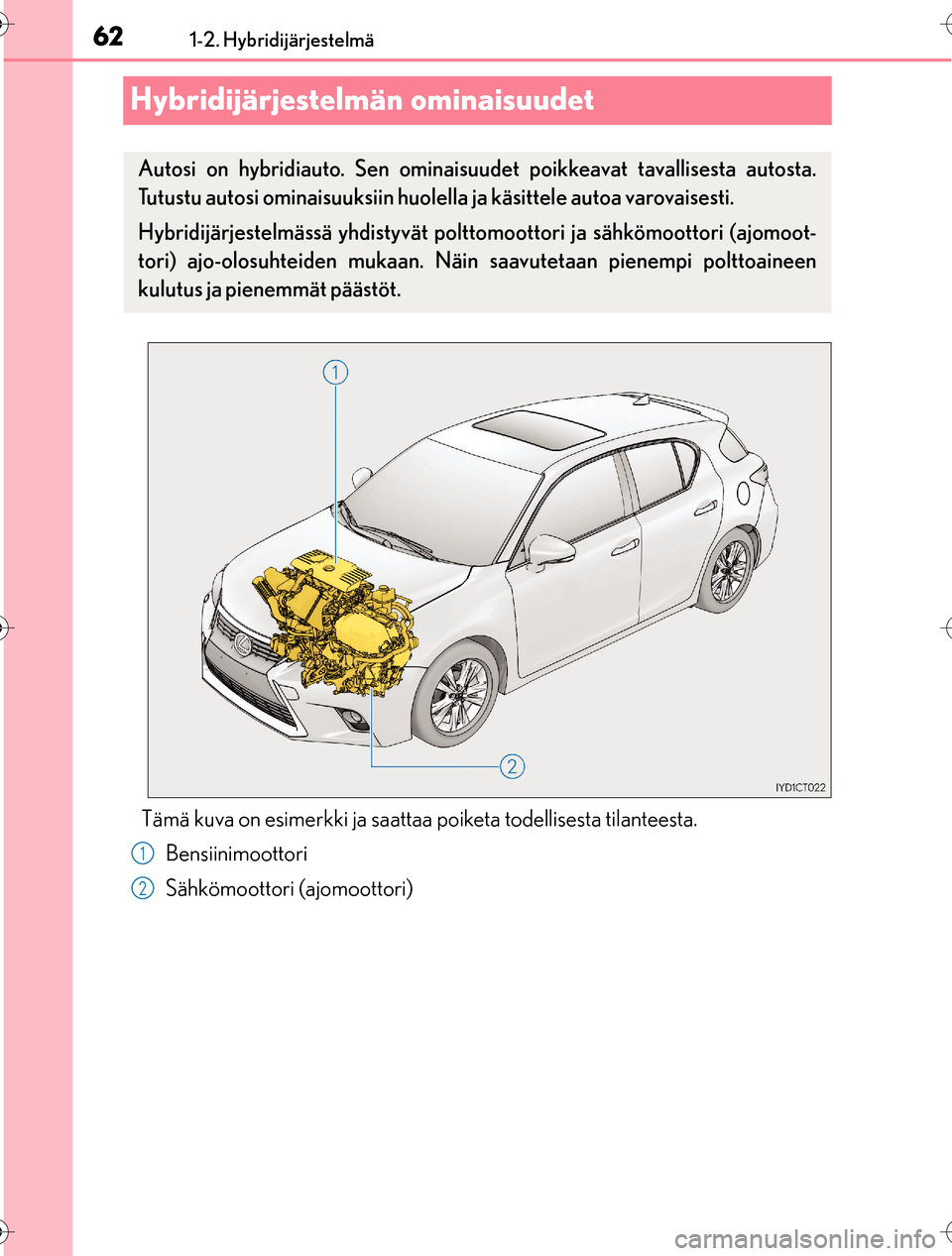 Lexus CT200h 2016 Omistajan käsikirja (in Finnish) 621-2. Hybridijärjestelmä
OM76198FI
Hybridijärjestelmän ominaisuudet
Tämä kuva on esimerkki ja saattaa poiketa todellisesta tilanteesta. Bensiinimoottori
Sähkömoottori (ajomoottori)
Autosi on Lexus CT200h 2016 Omistajan käsikirja (in Finnish) 621-2. Hybridijärjestelmä
OM76198FI
Hybridijärjestelmän ominaisuudet
Tämä kuva on esimerkki ja saattaa poiketa todellisesta tilanteesta. Bensiinimoottori
Sähkömoottori (ajomoottori)
Autosi on