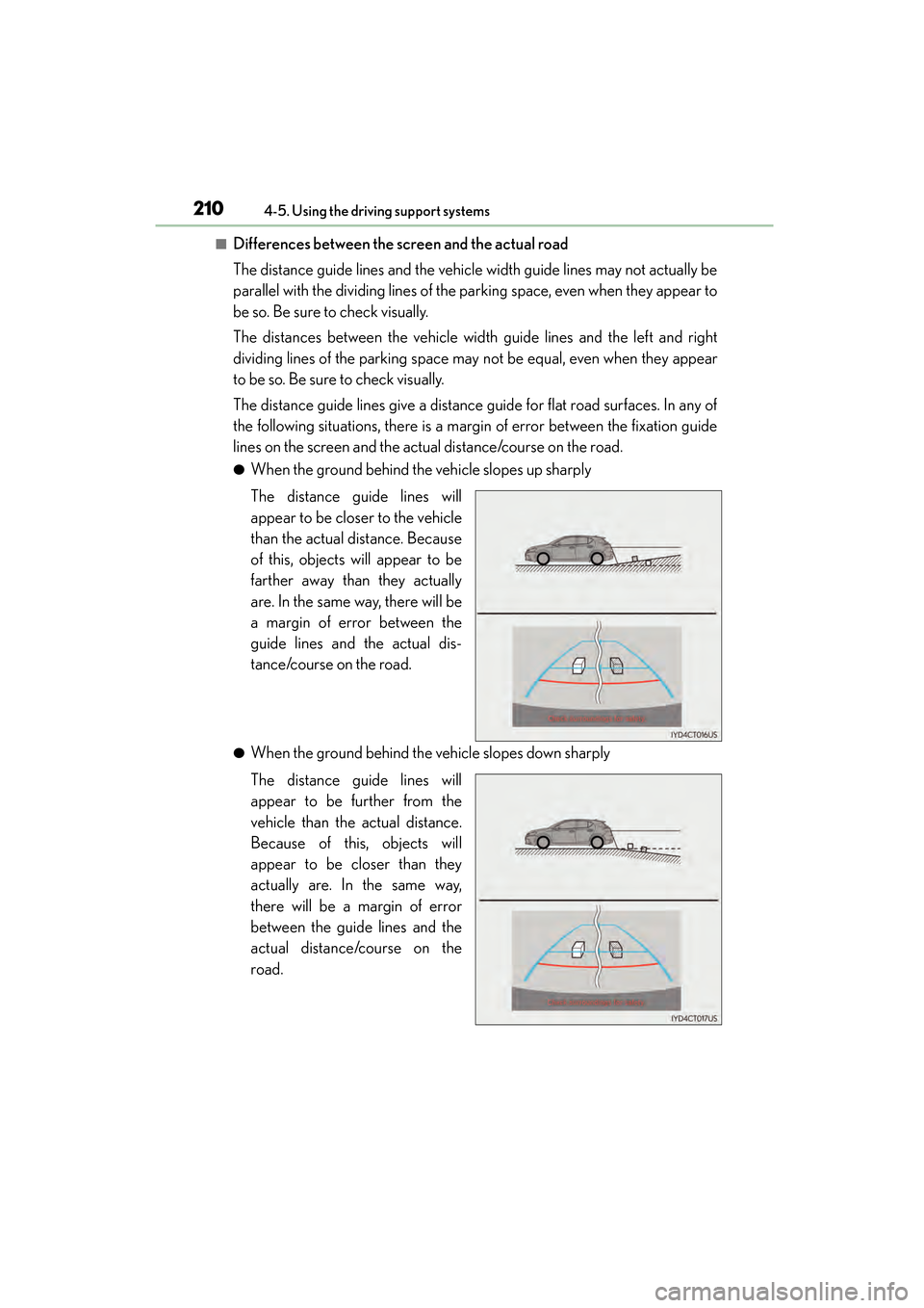 Lexus CT200h 2015 Owners Manual (in English) 210
CT200h_OM_OM76174U_(U)4-5. Using the driving support systems
■Differences between the screen and the actual road
The distance guide lines and the vehicle width guide lines may not actually be
pa Lexus CT200h 2015 Owners Manual (in English) 210
CT200h_OM_OM76174U_(U)4-5. Using the driving support systems
■Differences between the screen and the actual road
The distance guide lines and the vehicle width guide lines may not actually be
pa