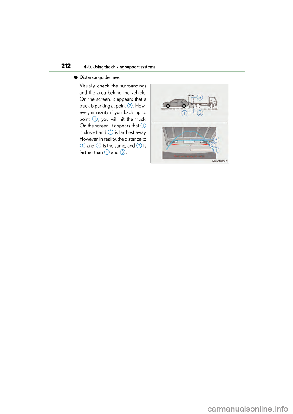 Lexus CT200h 2015 Owners Manual (in English) 212
CT200h_OM_OM76174U_(U)4-5. Using the driving support systems
●Distance guide lines
Visually check the surroundings
and the area behind the vehicle.
On the screen, it appears that a
truck is park Lexus CT200h 2015 Owners Manual (in English) 212
CT200h_OM_OM76174U_(U)4-5. Using the driving support systems
●Distance guide lines
Visually check the surroundings
and the area behind the vehicle.
On the screen, it appears that a
truck is park