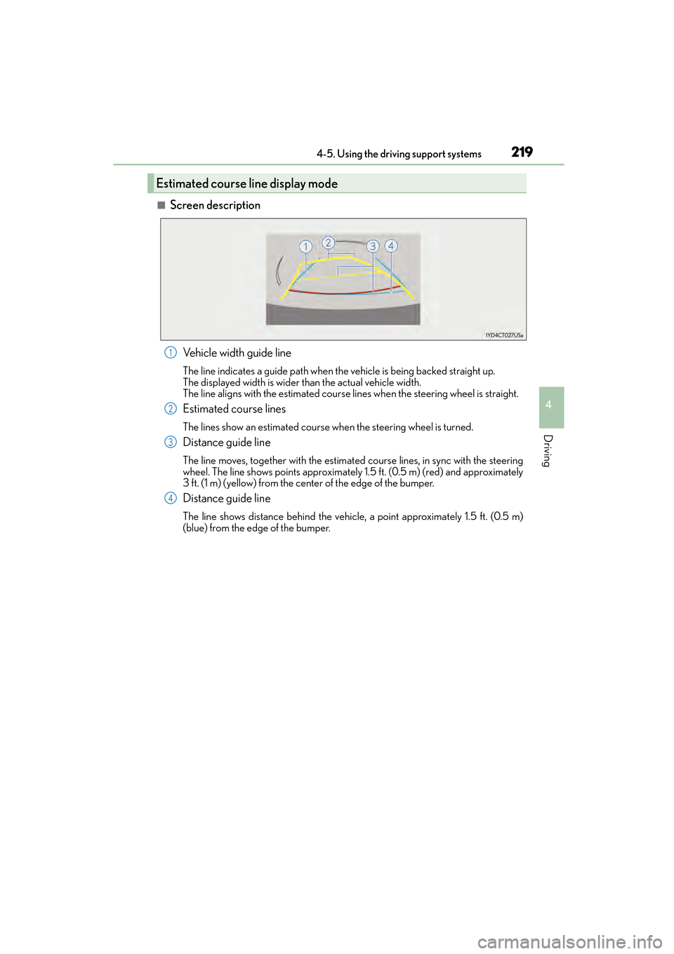 Lexus CT200h 2015 Owners Manual (in English) CT200h_OM_OM76174U_(U)
2194-5. Using the driving support systems
4
Driving
■Screen descriptionVehicle width guide line
The line indicates a guide path when the vehicle is being backed straight up.
T Lexus CT200h 2015 Owners Manual (in English) CT200h_OM_OM76174U_(U)
2194-5. Using the driving support systems
4
Driving
■Screen descriptionVehicle width guide line
The line indicates a guide path when the vehicle is being backed straight up.
T