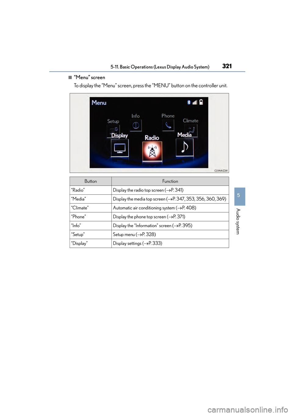 Lexus CT200h 2015 Owners Manual (in English) CT200h_OM_OM76174U_(U)
3215-11. Basic Operations (Lexus Display Audio System)
5
Audio system
■“Menu” screen
To display the “Menu” screen, press the “MENU” button on the controller unit.
Lexus CT200h 2015 Owners Manual (in English) CT200h_OM_OM76174U_(U)
3215-11. Basic Operations (Lexus Display Audio System)
5
Audio system
■“Menu” screen
To display the “Menu” screen, press the “MENU” button on the controller unit.