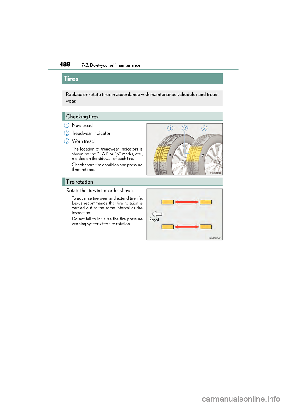 Lexus CT200h 2015   (in English) Service Manual 488
CT200h_OM_OM76174U_(U)7-3. Do-it-yourself maintenance
Tires
New tread
Treadwear indicator
Wo r n  t r e a d
The location of treadwear indicators is
shown by the “TWI” or “
∆” marks, etc.