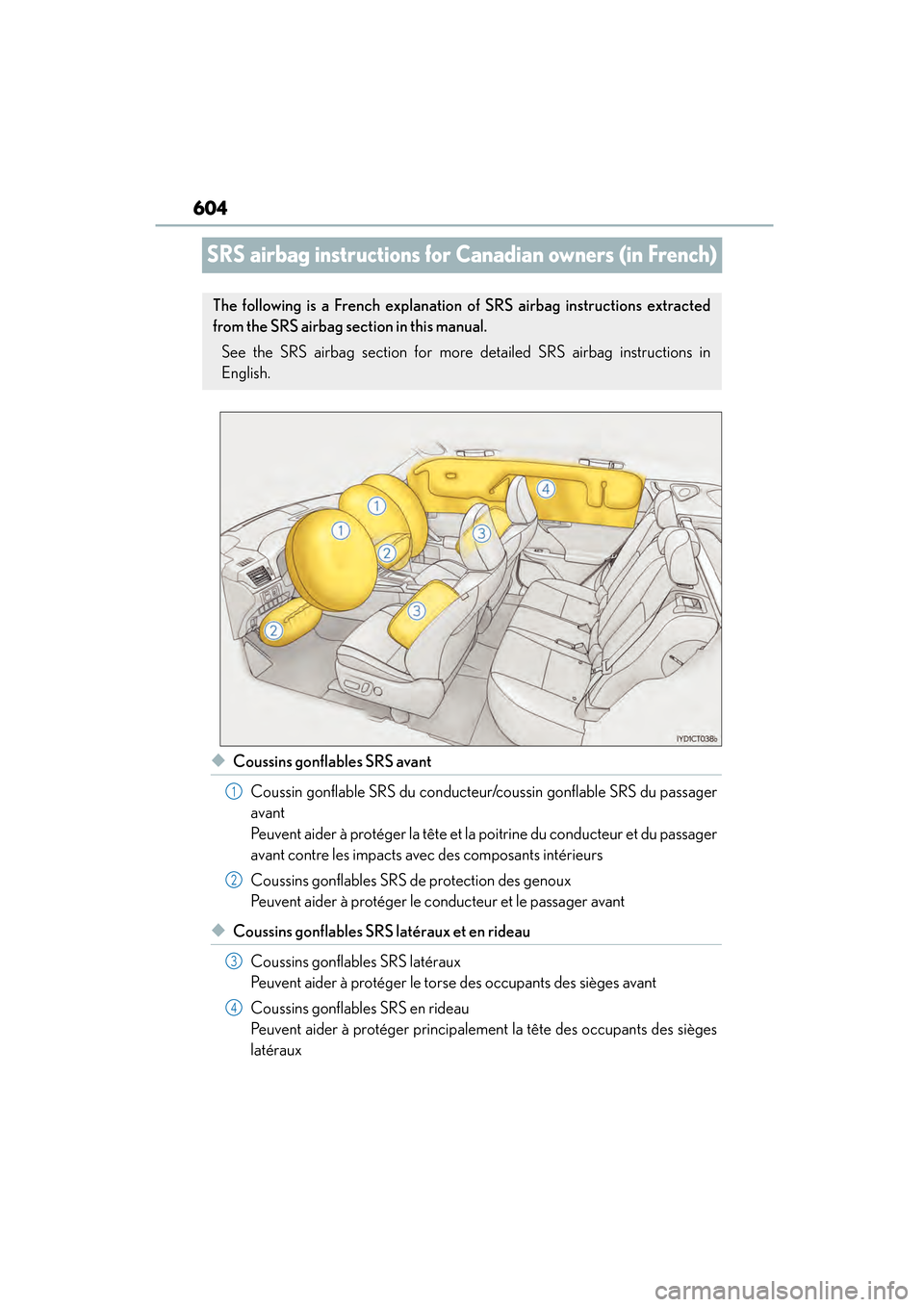 Lexus CT200h 2015 Owners Manual (in English) 604
CT200h_OM_OM76174U_(U)
SRS airbag instructions for Canadian owners (in French)
◆Coussins gonflables SRS avantCoussin gonflable SRS du conducteur/coussin gonflable SRS du passager
avant
Peuvent Lexus CT200h 2015 Owners Manual (in English) 604
CT200h_OM_OM76174U_(U)
SRS airbag instructions for Canadian owners (in French)
◆Coussins gonflables SRS avantCoussin gonflable SRS du conducteur/coussin gonflable SRS du passager
avant
Peuvent