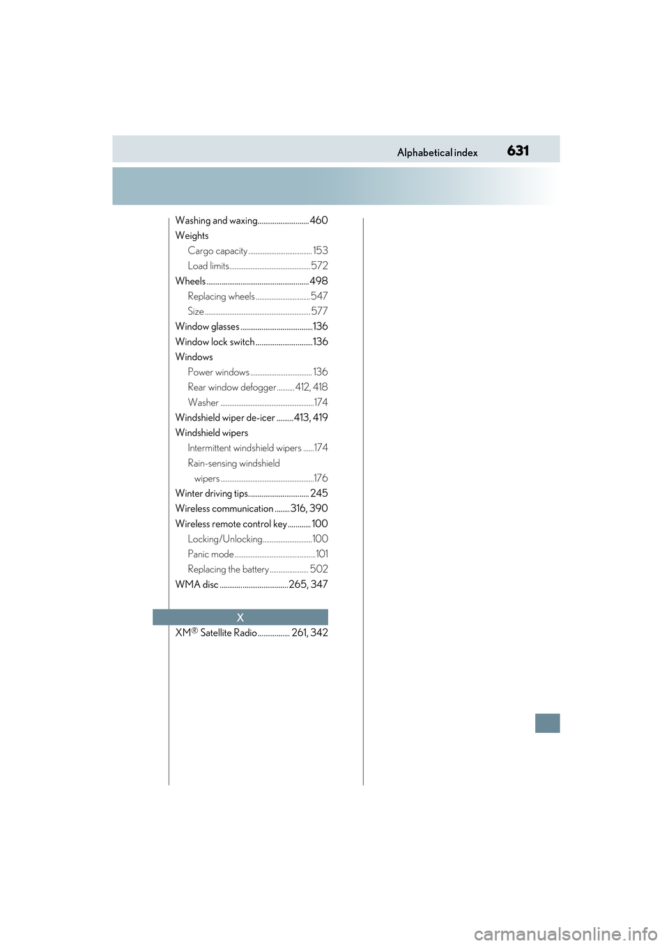 Lexus CT200h 2015  Owners Manual (in English) 631Alphabetical index
CT200h_OM_OM76174U_(U)
Washing and waxing........................... 460
WeightsCargo capacity .................................... 153
Load limits...............................