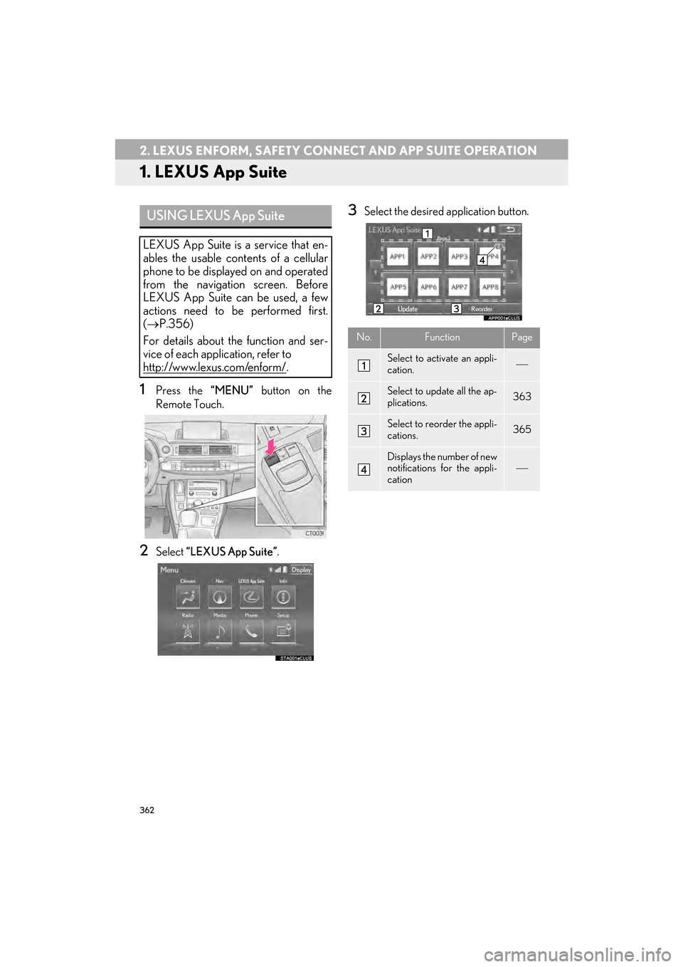 Lexus CT200h 2015  Navigation Manual (in English) 362
CT200h_Navi_OM76146U_(U)14.06.17     09:48
2. LEXUS ENFORM, SAFETY CONNECT AND APP SUITE OPERATION
1. LEXUS App Suite
1Press the “MENU” button on the
Remote Touch.
2Select  “LEXUS App Suite�