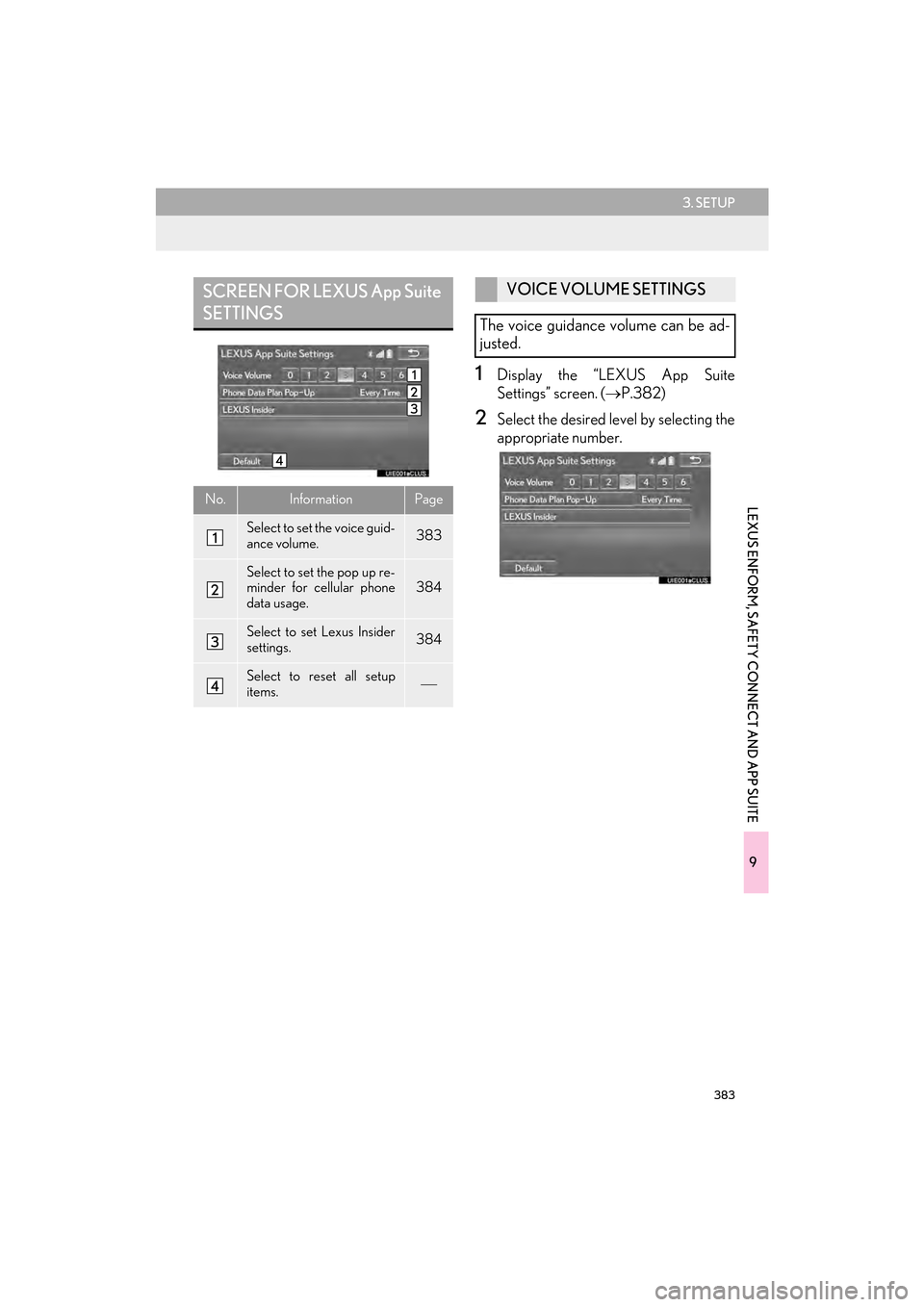 Lexus CT200h 2015 Navigation Manual (in English) 383
3. SETUP
9
LEXUS ENFORM, SAFETY CONNECT AND APP SUITE
CT200h_Navi_OM76146U_(U)14.06.17 09:48
1Display the “LEXUS App Suite
Settings” screen. (→P.382)
2Select the desired level by selecti Lexus CT200h 2015 Navigation Manual (in English) 383
3. SETUP
9
LEXUS ENFORM, SAFETY CONNECT AND APP SUITE
CT200h_Navi_OM76146U_(U)14.06.17 09:48
1Display the “LEXUS App Suite
Settings” screen. (→P.382)
2Select the desired level by selecti