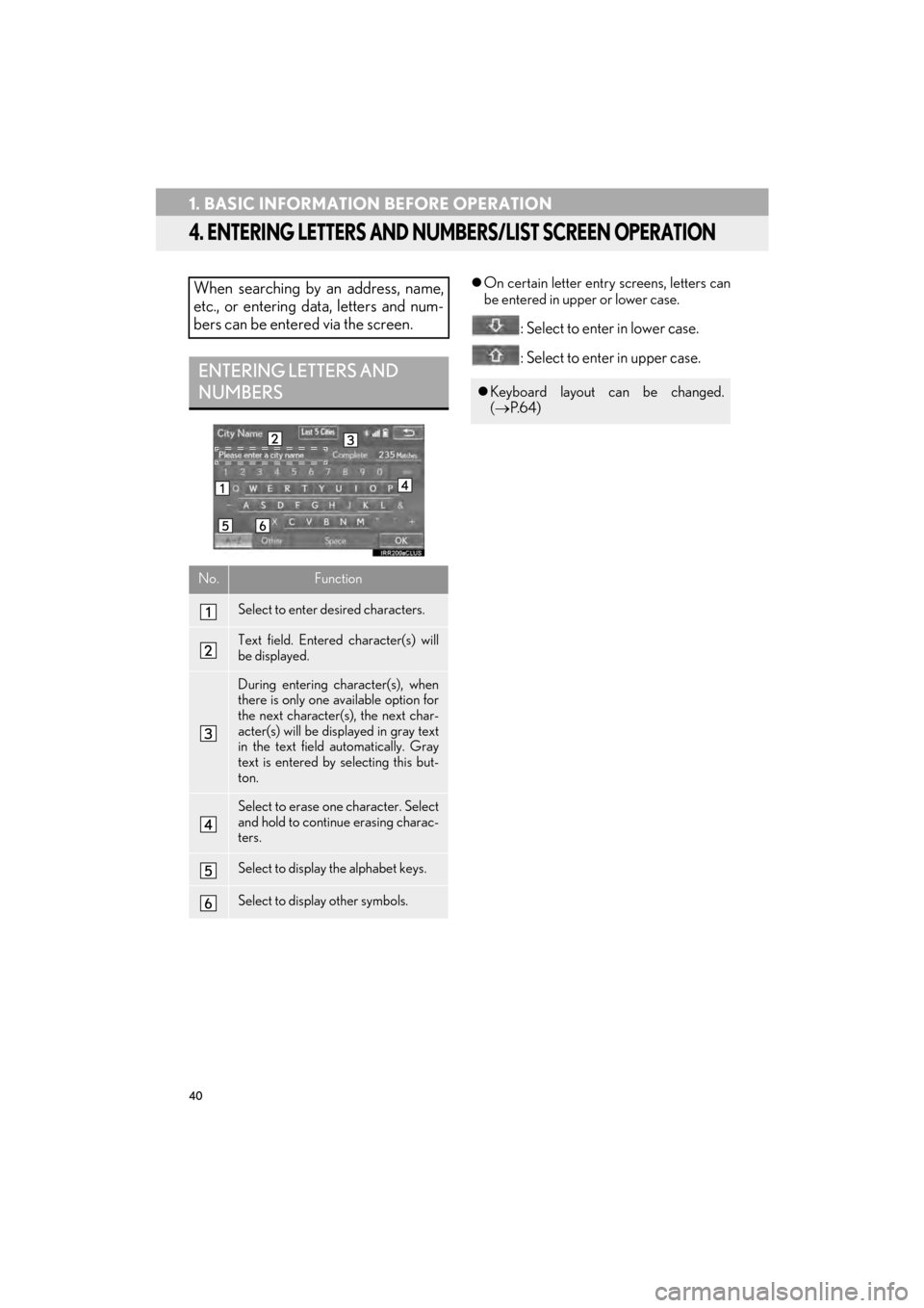 Lexus CT200h 2015  Navigation Manual (in English) 40
1. BASIC INFORMATION BEFORE OPERATION
CT200h_Navi_OM76146U_(U)14.06.17     09:48
4. ENTERING LETTERS AND NUMBERS/LIST SCREEN OPERATION
�zOn certain letter entry screens, letters can
be entered in u