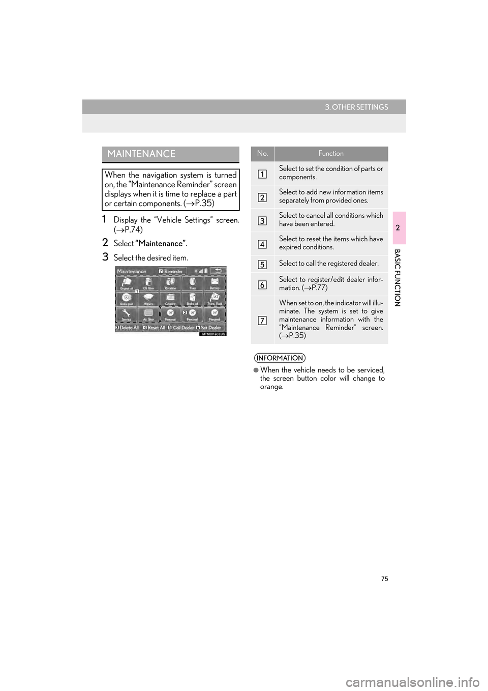 Lexus CT200h 2015 Navigation Manual (in English) 75
3. OTHER SETTINGS
2
BASIC FUNCTION
CT200h_Navi_OM76146U_(U)14.06.17 09:48
1Display the “Vehicle Settings” screen.
(→ P.74)
2Select “Maintenance” .
3Select the desired item.
MAINTENAN Lexus CT200h 2015 Navigation Manual (in English) 75
3. OTHER SETTINGS
2
BASIC FUNCTION
CT200h_Navi_OM76146U_(U)14.06.17 09:48
1Display the “Vehicle Settings” screen.
(→ P.74)
2Select “Maintenance” .
3Select the desired item.
MAINTENAN