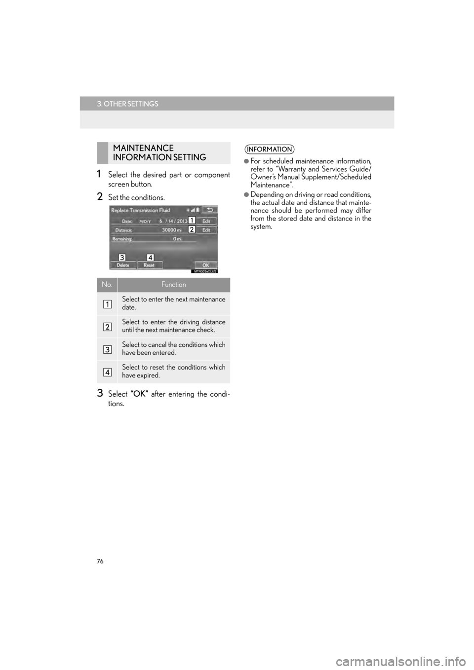 Lexus CT200h 2015 Navigation Manual (in English) 76
3. OTHER SETTINGS
CT200h_Navi_OM76146U_(U)14.06.17 09:48
1Select the desired part or component
screen button.
2Set the conditions.
3Select “OK” after entering the condi-
tions.
MAINTENANCE Lexus CT200h 2015 Navigation Manual (in English) 76
3. OTHER SETTINGS
CT200h_Navi_OM76146U_(U)14.06.17 09:48
1Select the desired part or component
screen button.
2Set the conditions.
3Select “OK” after entering the condi-
tions.
MAINTENANCE