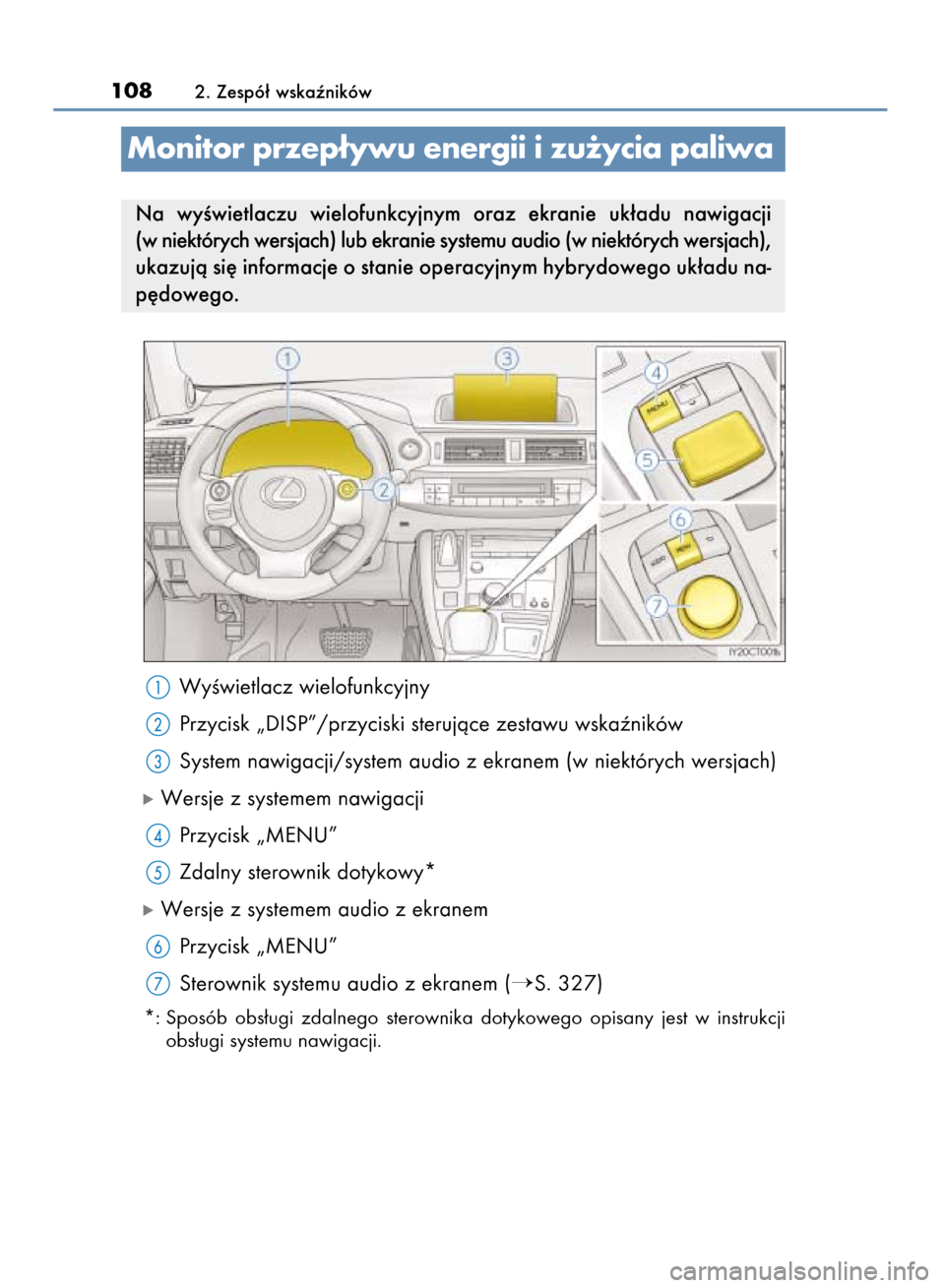 Lexus CT200h 2015  Instrukcja Obsługi (in Polish) 1082. Zespó∏ wskaêników
WyÊwietlacz wielofunkcyjny
Przycisk „DISP”/przyciski sterujàce zestawu wskaêników
System nawigacji/system audio z ekranem (w niektórych wersjach)
óWersje z syste